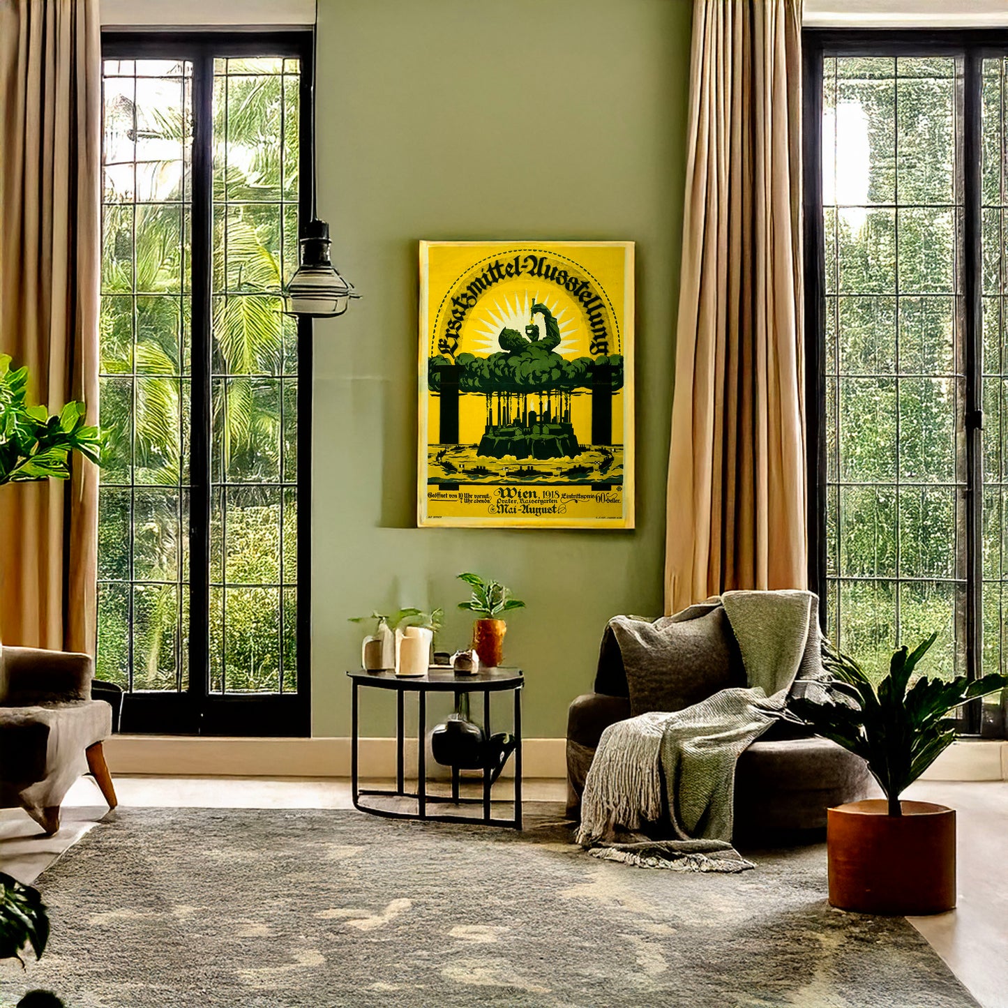 A picture of Ersatzmiddel-Ausstellung, Wien, 1918, a mockup of the print leaning against a wall