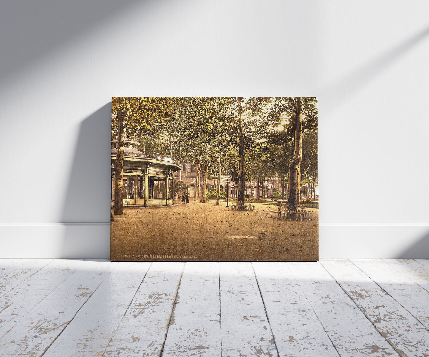 A picture of Etablissment Thermal, Vichy, France, a mockup of the print leaning against a wall