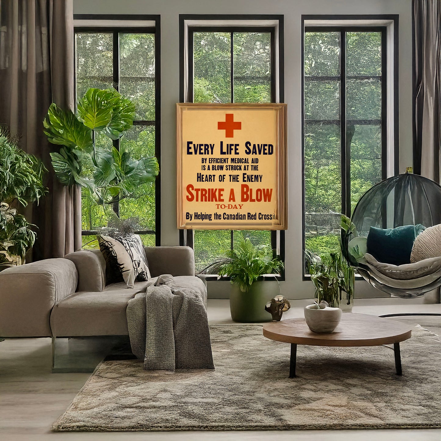 A picture of Every life saved by efficient medical aid is a blow struck at the heart of the enemy. Strike a blow to-day by helping the Canadian Red Cross, a mockup of the print leaning against a wall