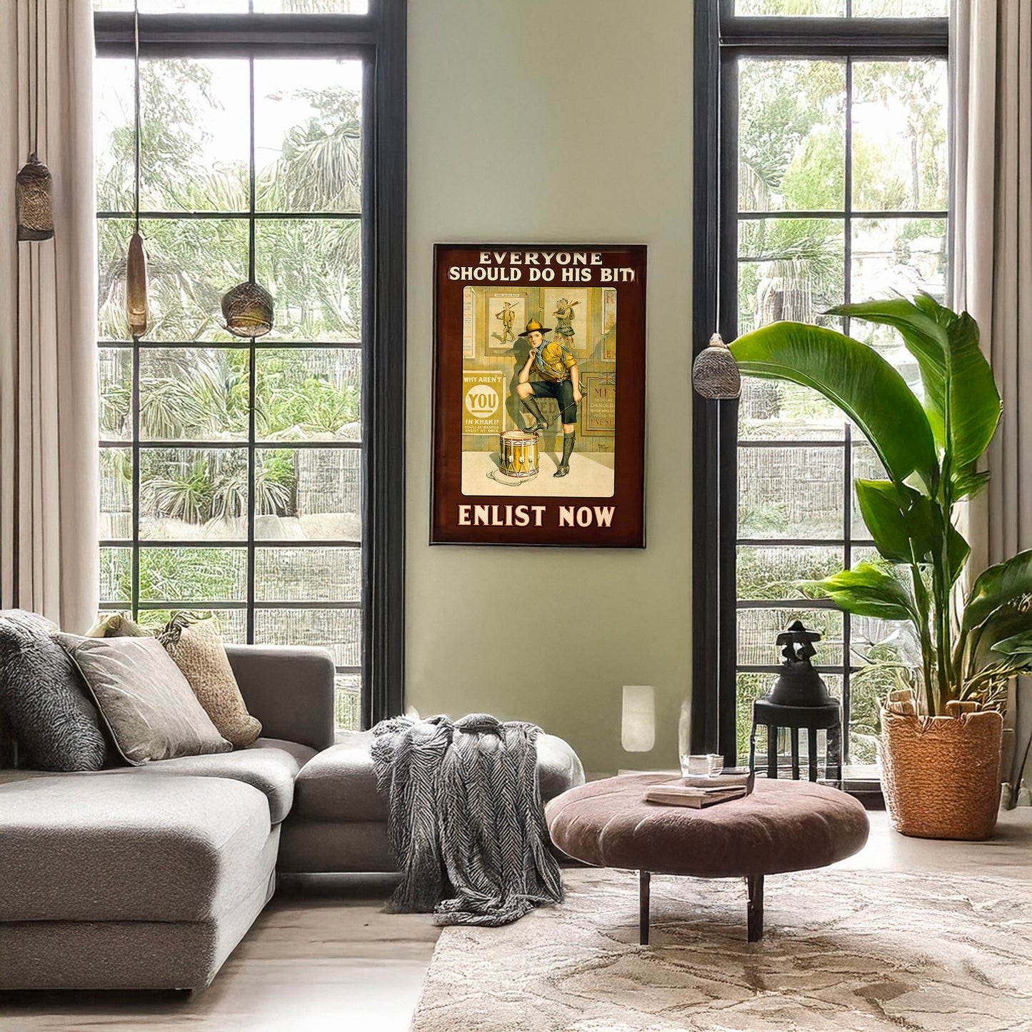A picture of Everyone should do his bit. Enlist now, a mockup of the print leaning against a wall