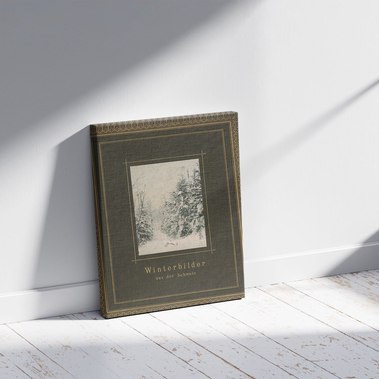 A picture of External and internal folio covers for portfolio Winterbilder aus der Schweiz, a mockup of the print leaning against a wall