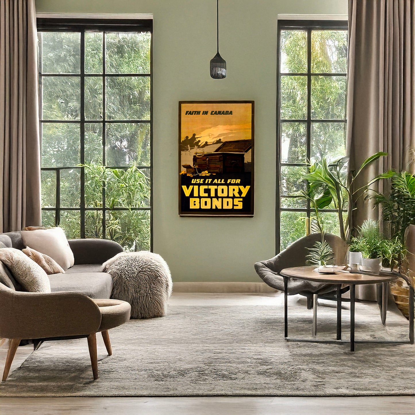 A picture of Faith in Canada--Use it all for Victory Bonds, a mockup of the print leaning against a wall