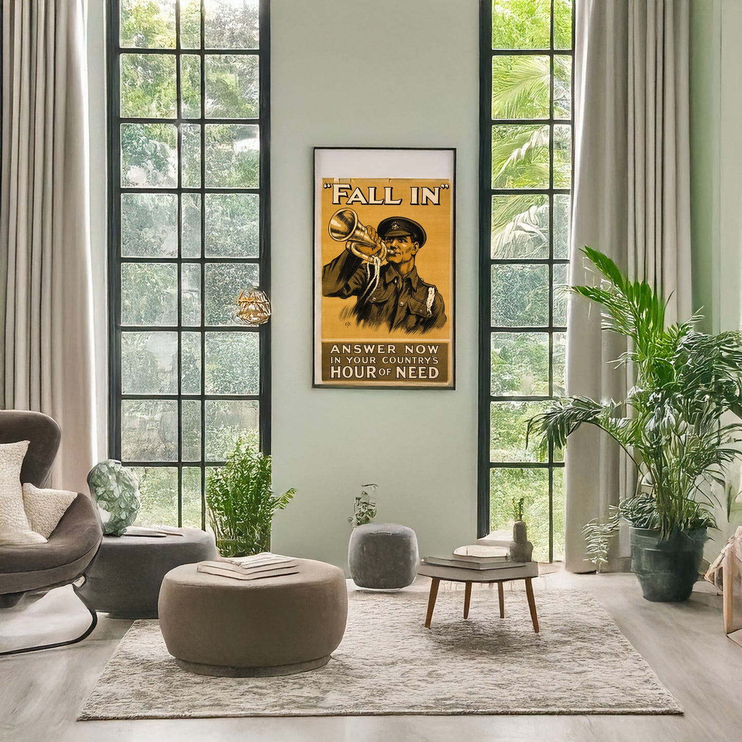 A picture of "Fall in" Answer now in your country's hour of need, a mockup of the print leaning against a wall