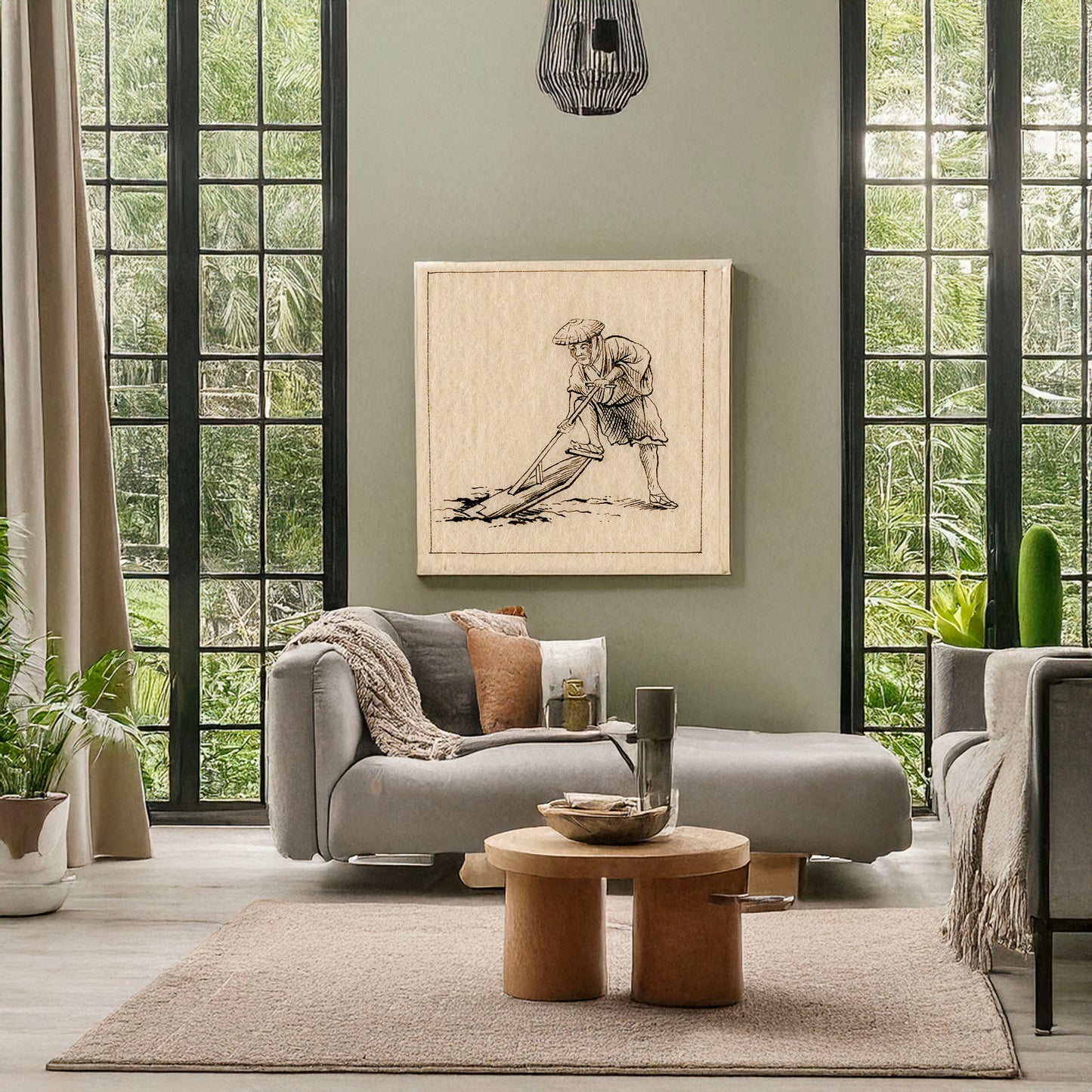 A picture of Farmer spading, a mockup of the print leaning against a wall
