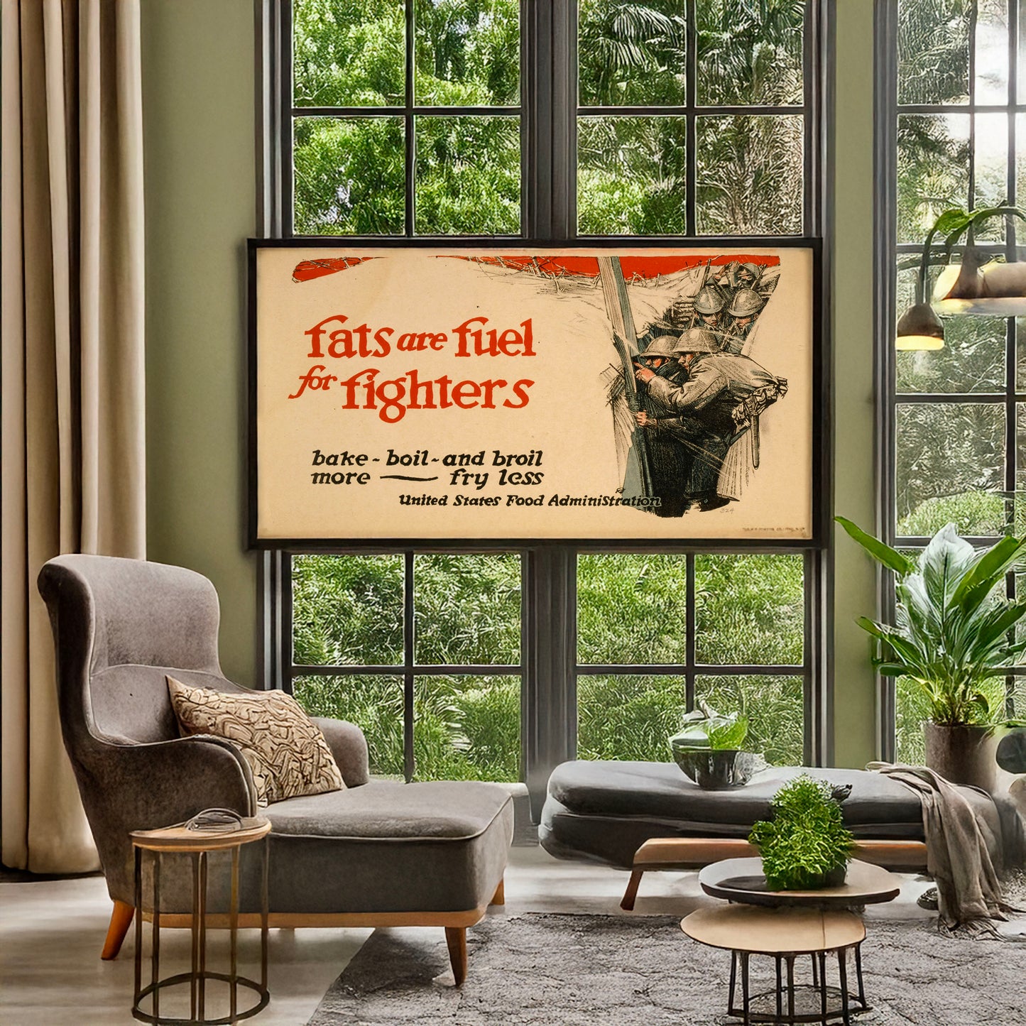 A picture of Fats are fuel for fighters Bake, boil, and broil more - fry less., a mockup of the print leaning against a wall