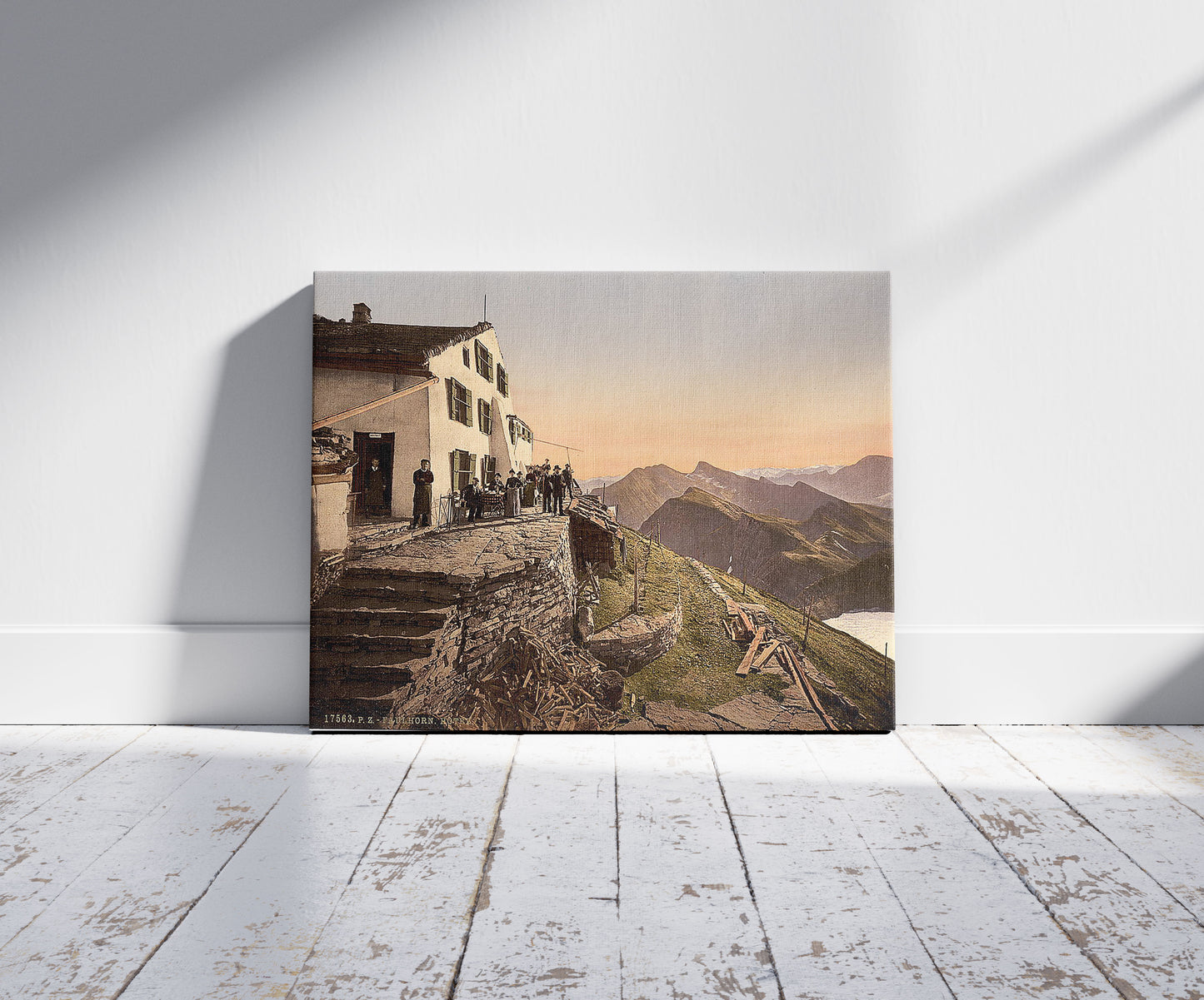A picture of Faulhorn Hotel, Bernese Oberland, Switzerland, a mockup of the print leaning against a wall