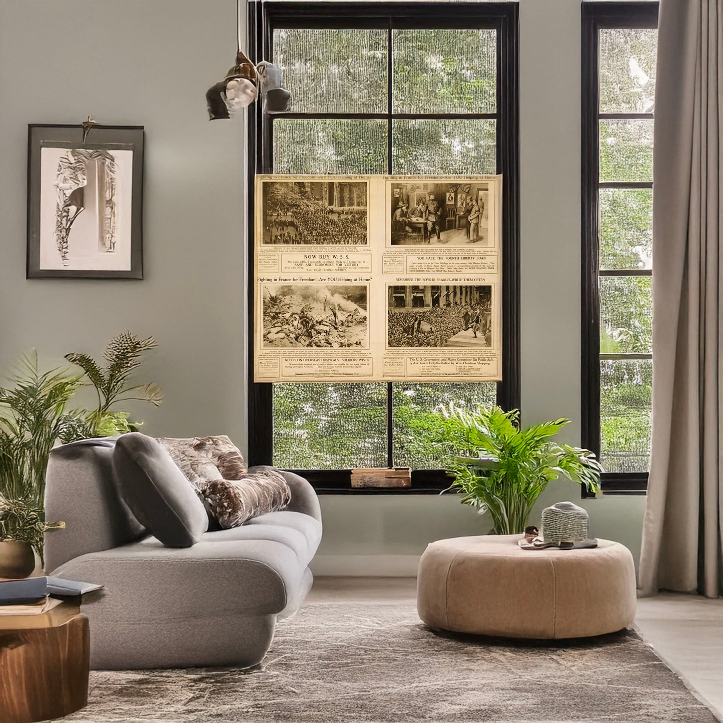A picture of Fighting in France for freedom! Are you helping at home?, a mockup of the print leaning against a wall