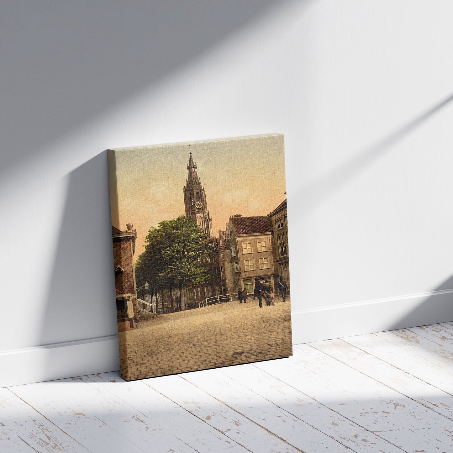 A picture of Fish market and new church, Delft, Holland, a mockup of the print leaning against a wall