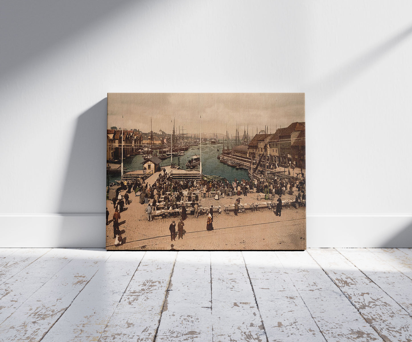 A picture of Fish market, Bergen, Norway, a mockup of the print leaning against a wall