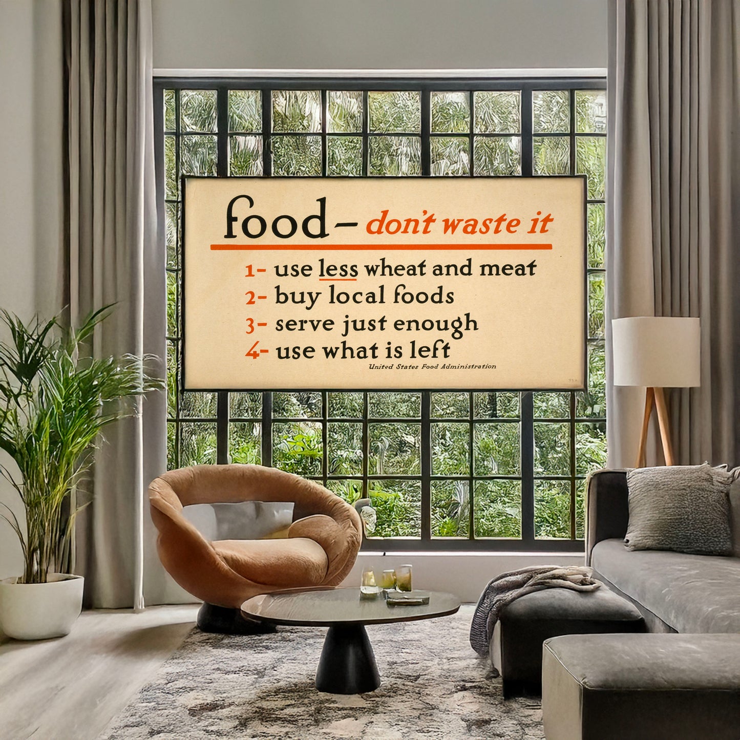 A picture of Food - don't waste it, a mockup of the print leaning against a wall