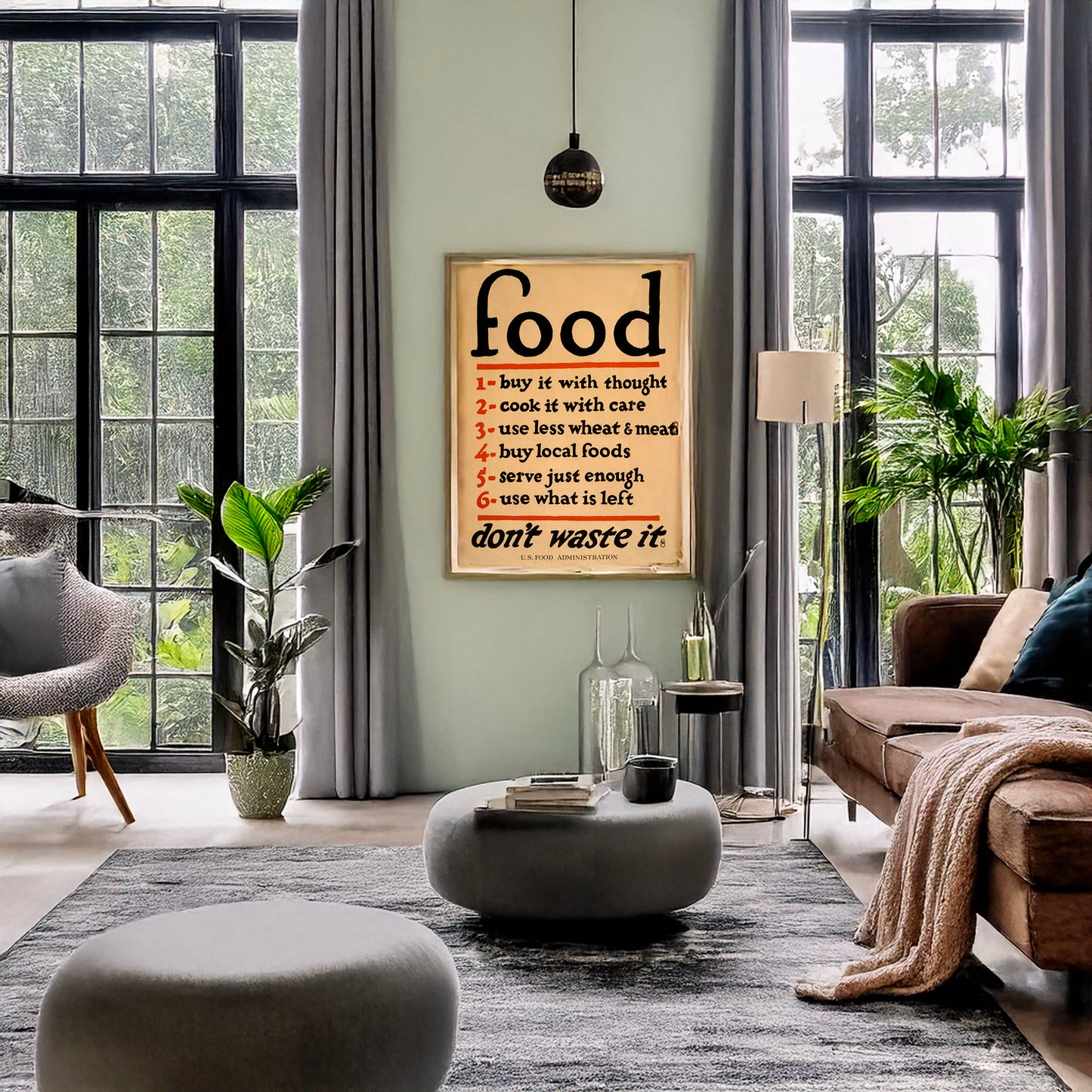 A picture of Food--don't waste it, a mockup of the print leaning against a wall