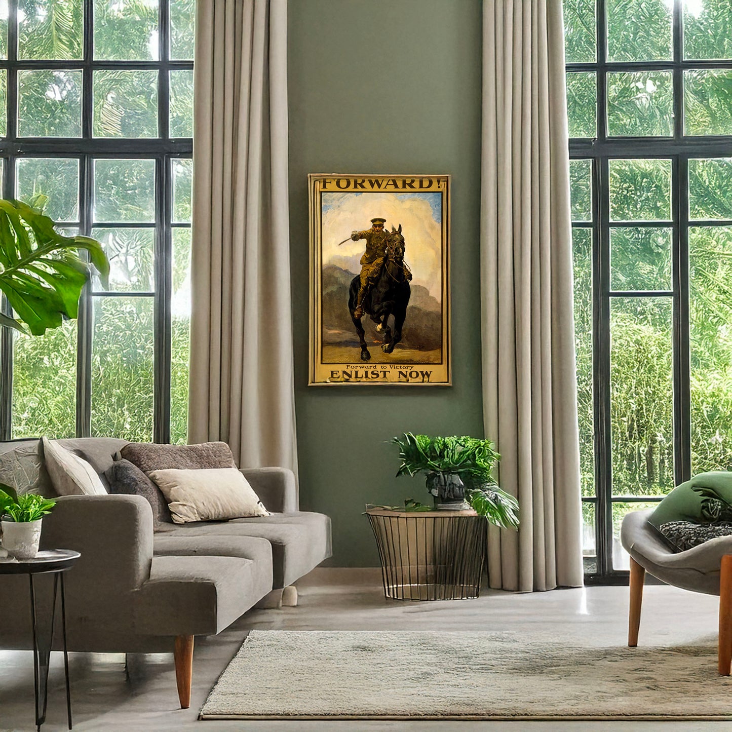 A picture of Forward! Forward to victory. Enlist now, a mockup of the print leaning against a wall