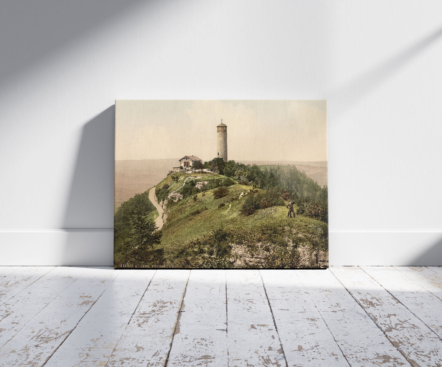 A picture of Foxtower, Jena, Thuringia, Germany, a mockup of the print leaning against a wall
