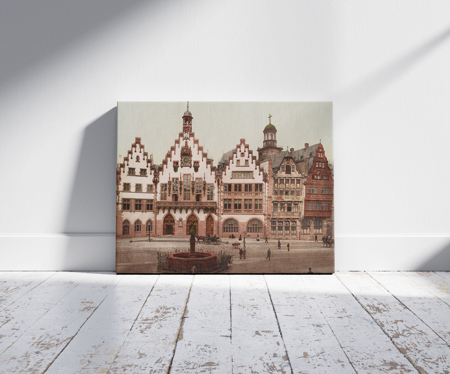 A picture of Frankfurt a/M. Römer, a mockup of the print leaning against a wall