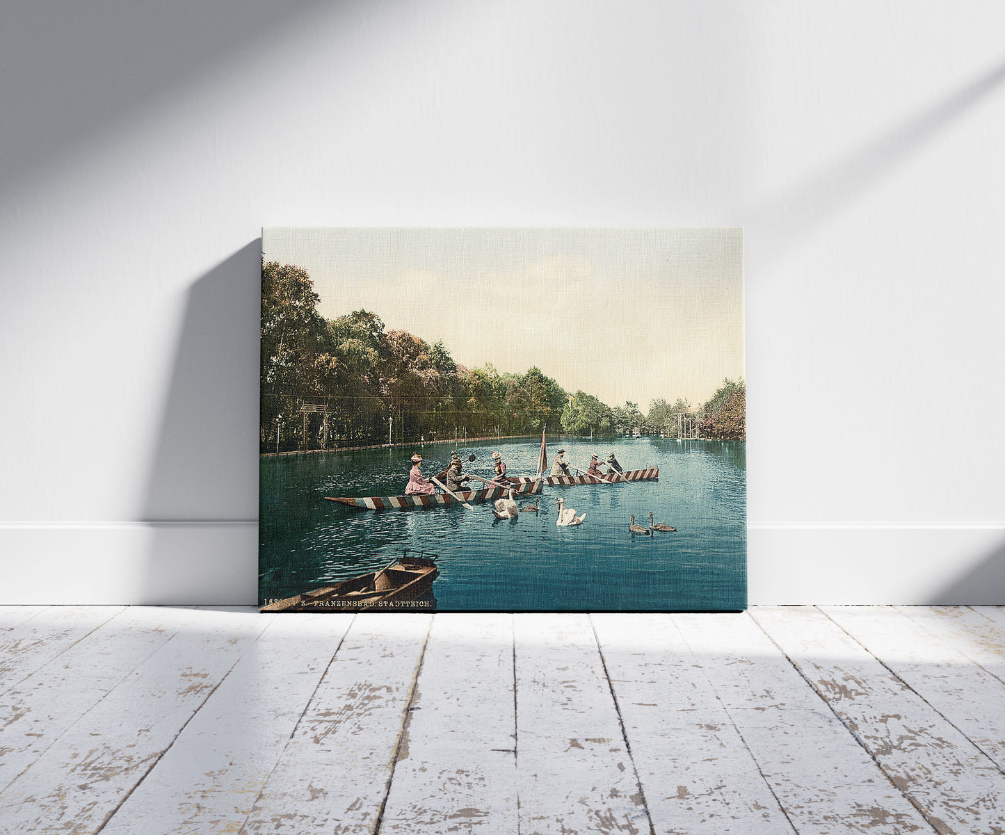 A picture of Franzenbad, lake in the park, Carlsbad, Bohemia, Austro-Hungary, a mockup of the print leaning against a wall