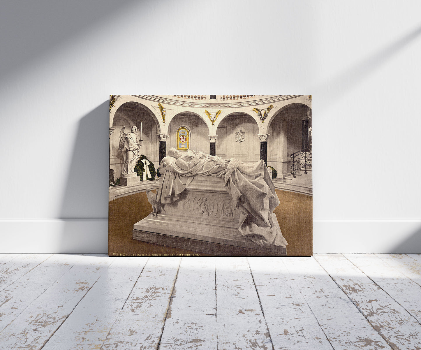 A picture of Frederick the Great's Mausoleum, Potsdam, Berlin, Germany, a mockup of the print leaning against a wall