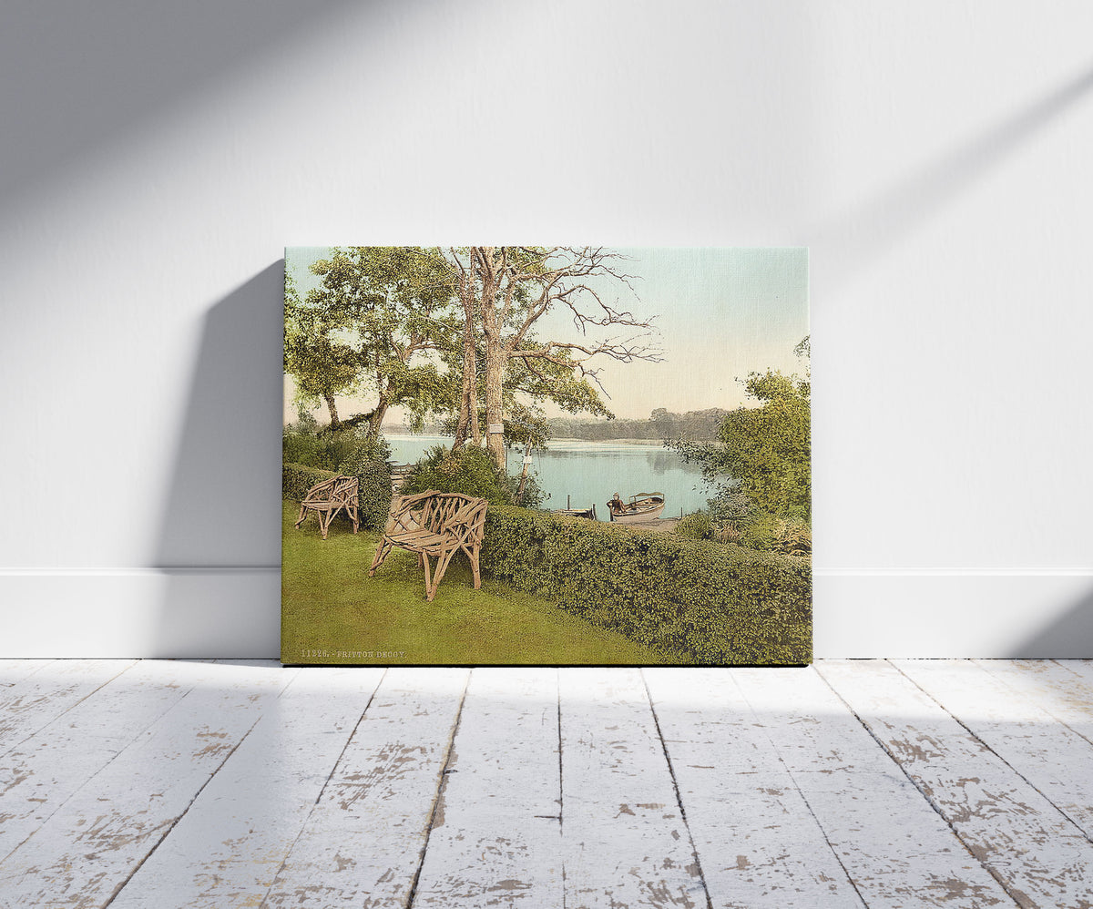 A picture of Fritton Decoy, Fritton, England, a mockup of the print leaning against a wall