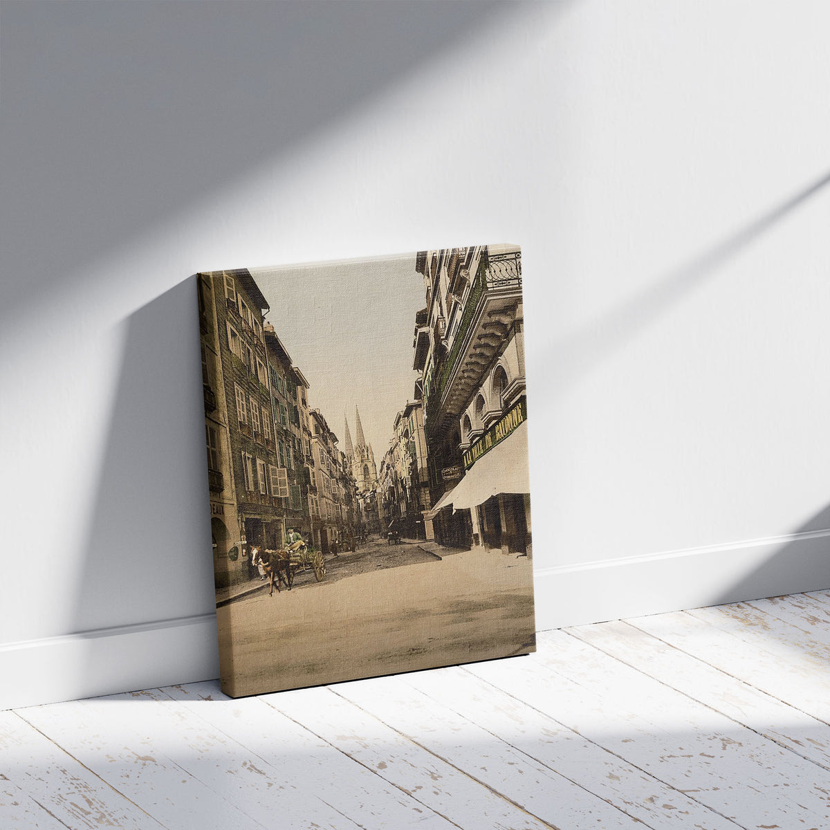 A picture of From Port Neuf, Bayonne, Pyrenees, France, a mockup of the print leaning against a wall