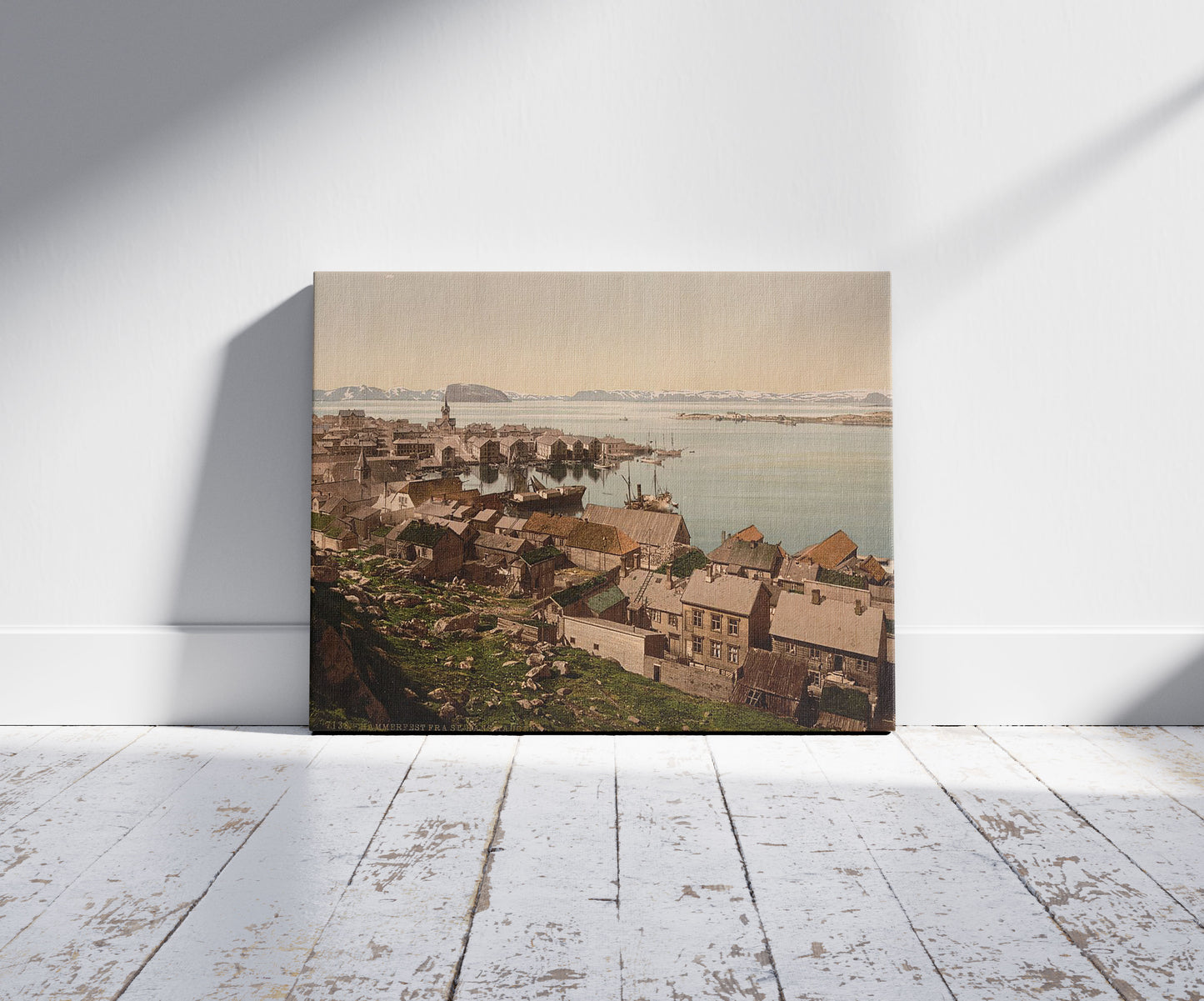 A picture of From St. Hanshaugen, Hammerfest, Norway, a mockup of the print leaning against a wall