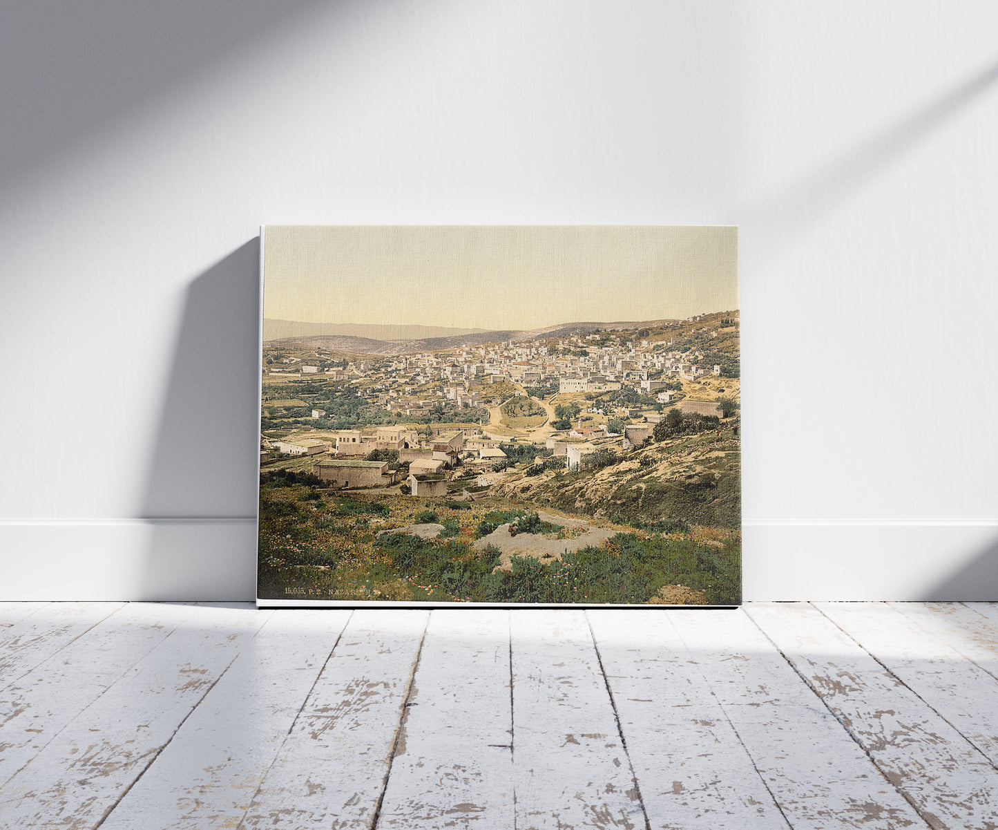 A picture of From the road to Cana, Nazareth, Holy Land, (i.e., Israel), a mockup of the print leaning against a wall