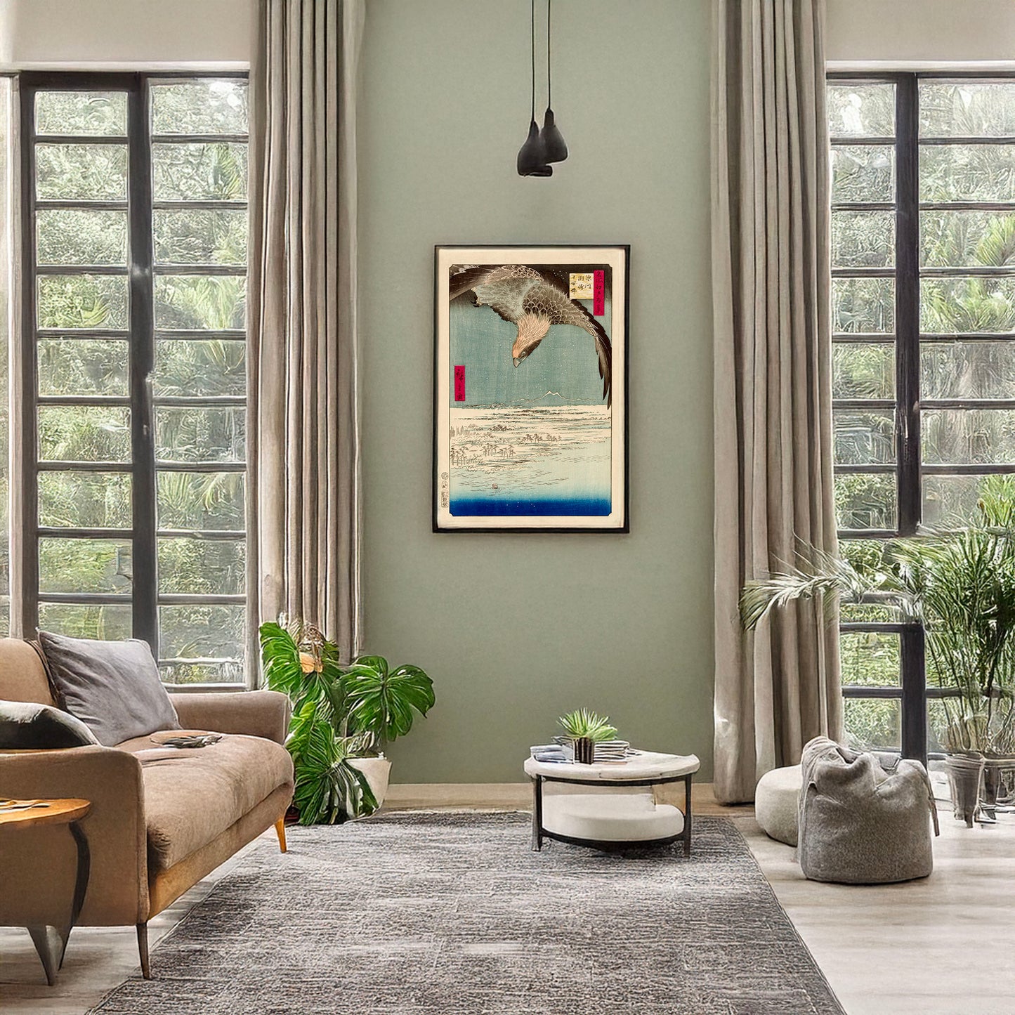 A picture of Fukagawa susaki jūmantsubo, a mockup of the print leaning against a wall