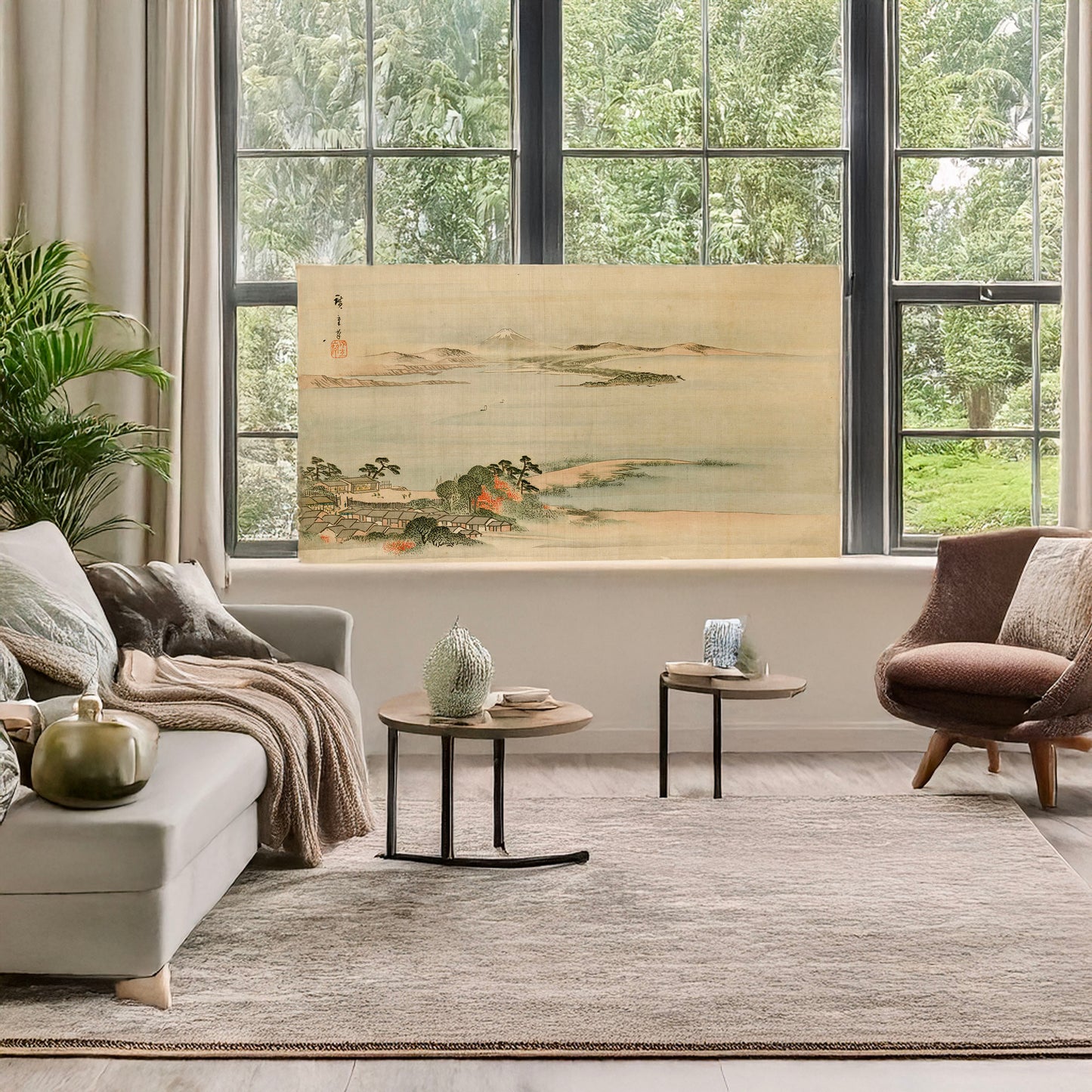 A picture of Fūkeiga, a mockup of the print leaning against a wall