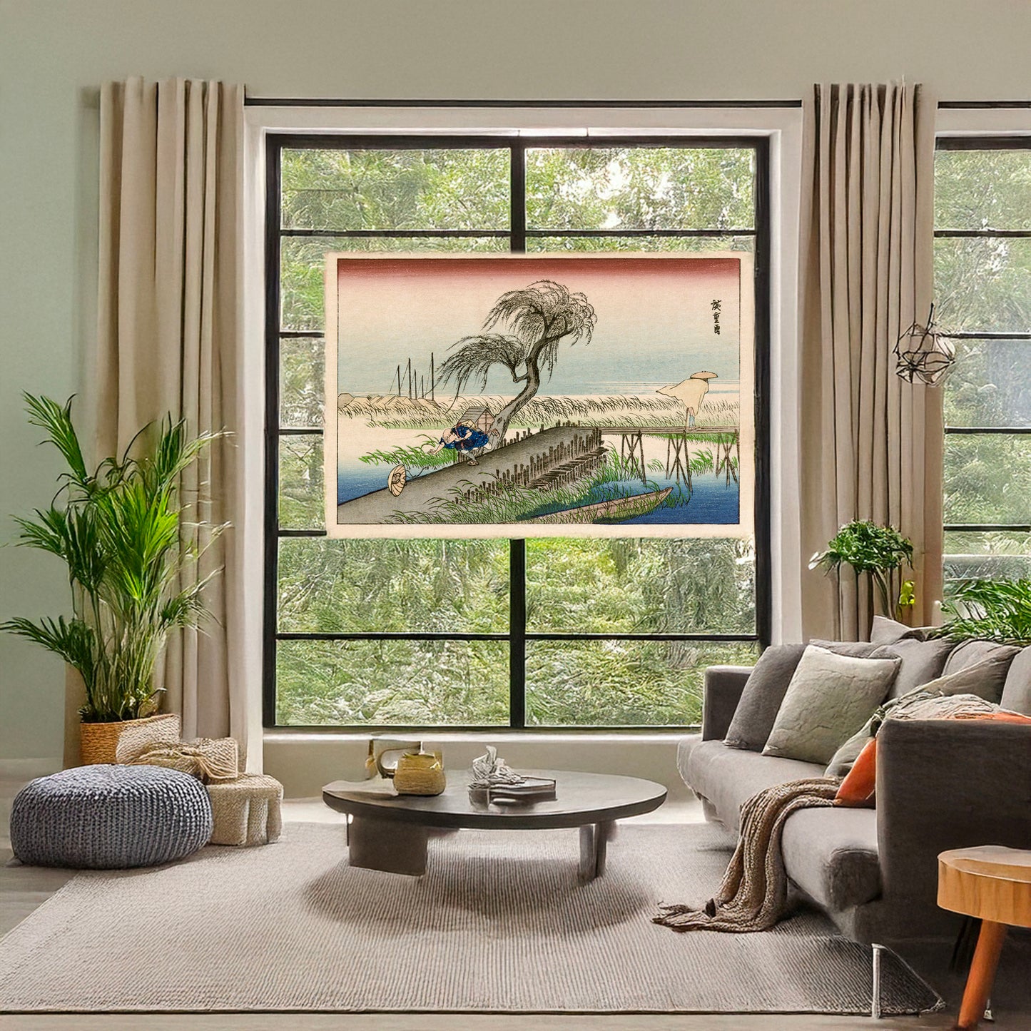 A picture of Fūkeiga, a mockup of the print leaning against a wall
