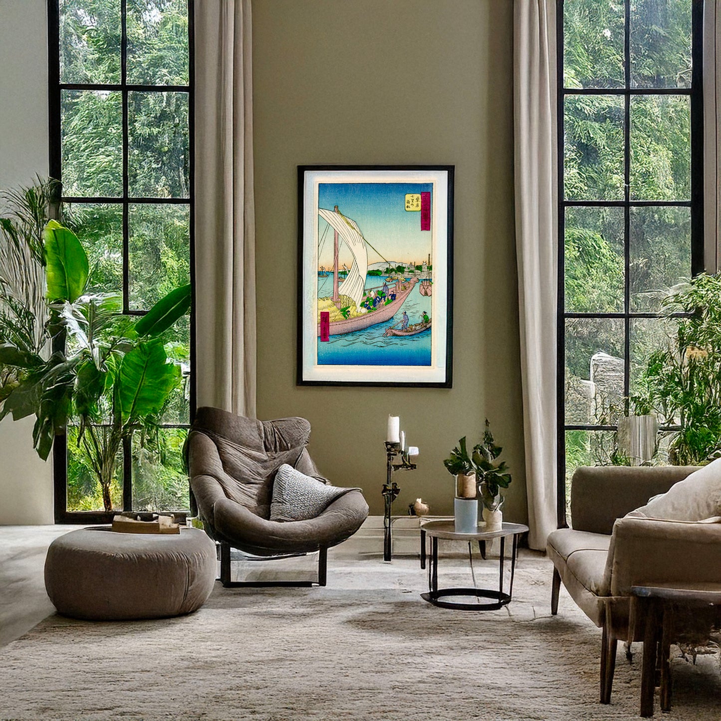 A picture of Fūkeiga, a mockup of the print leaning against a wall