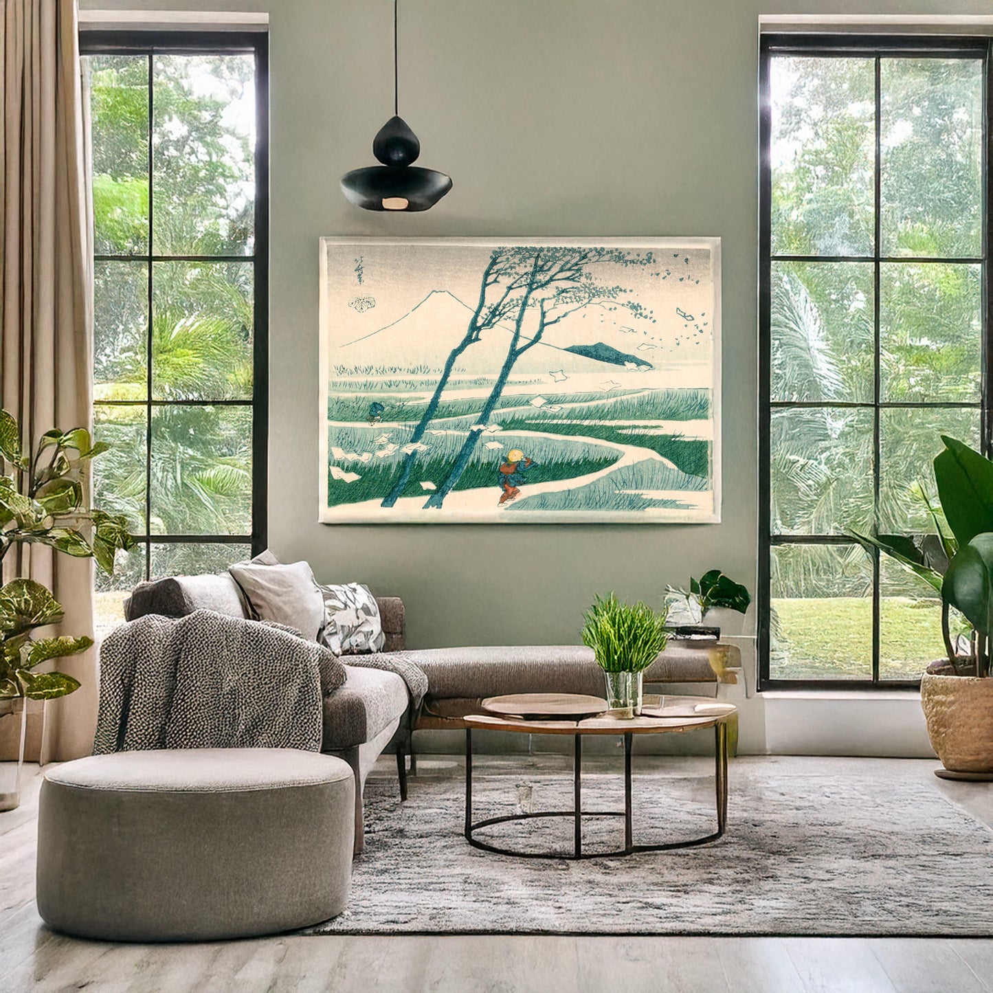 A picture of Fūkeiga, a mockup of the print leaning against a wall