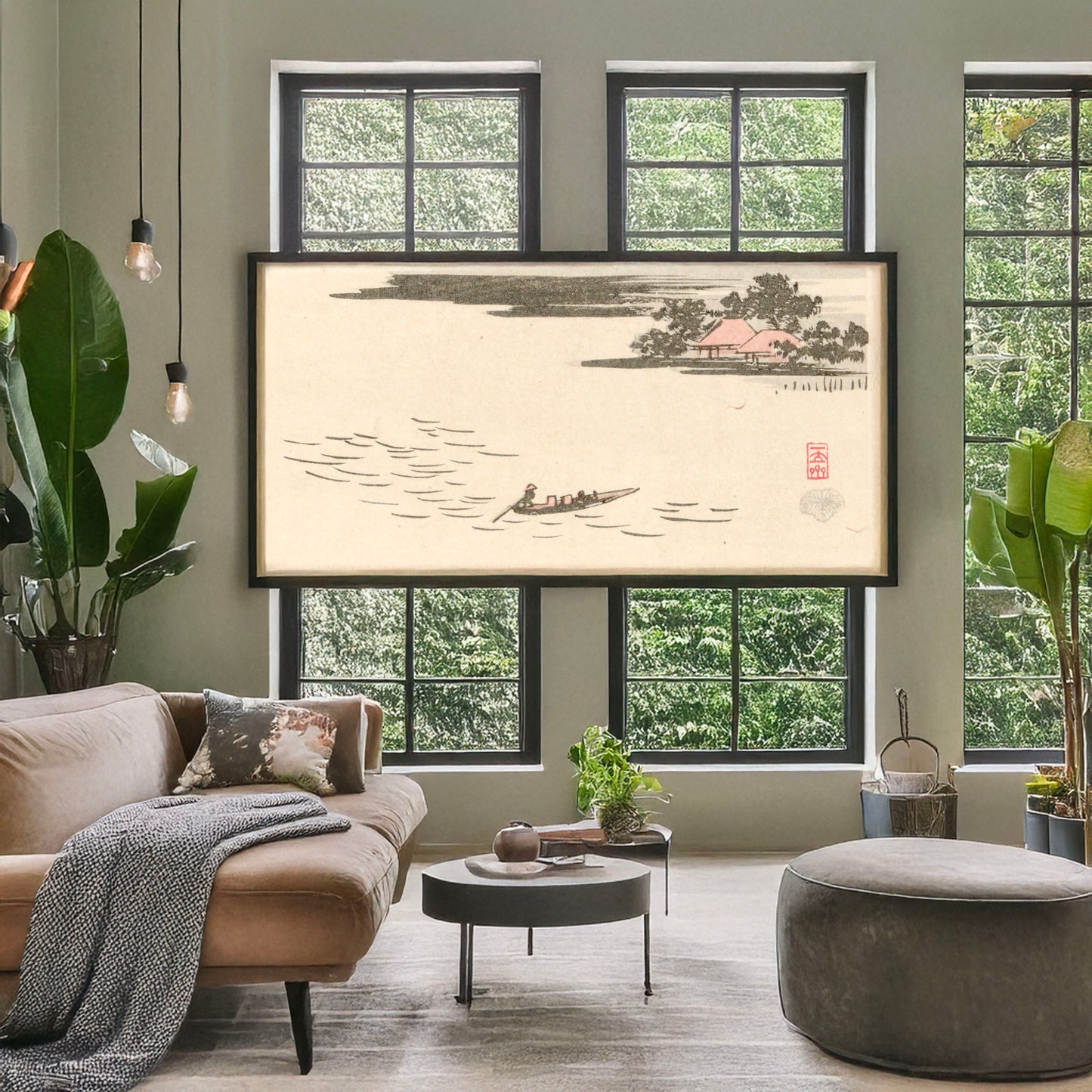 A picture of Fūkeiga, a mockup of the print leaning against a wall