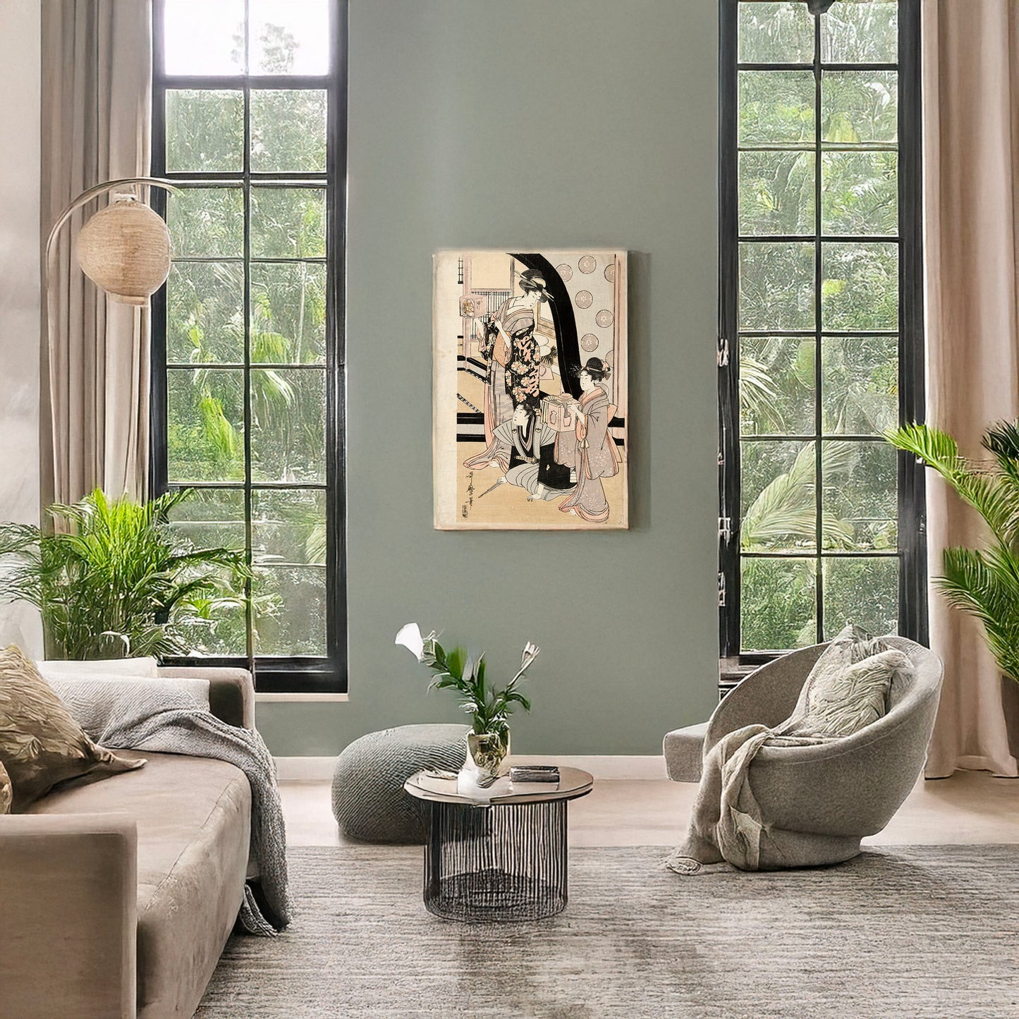 A picture of Fukubiki, a mockup of the print leaning against a wall