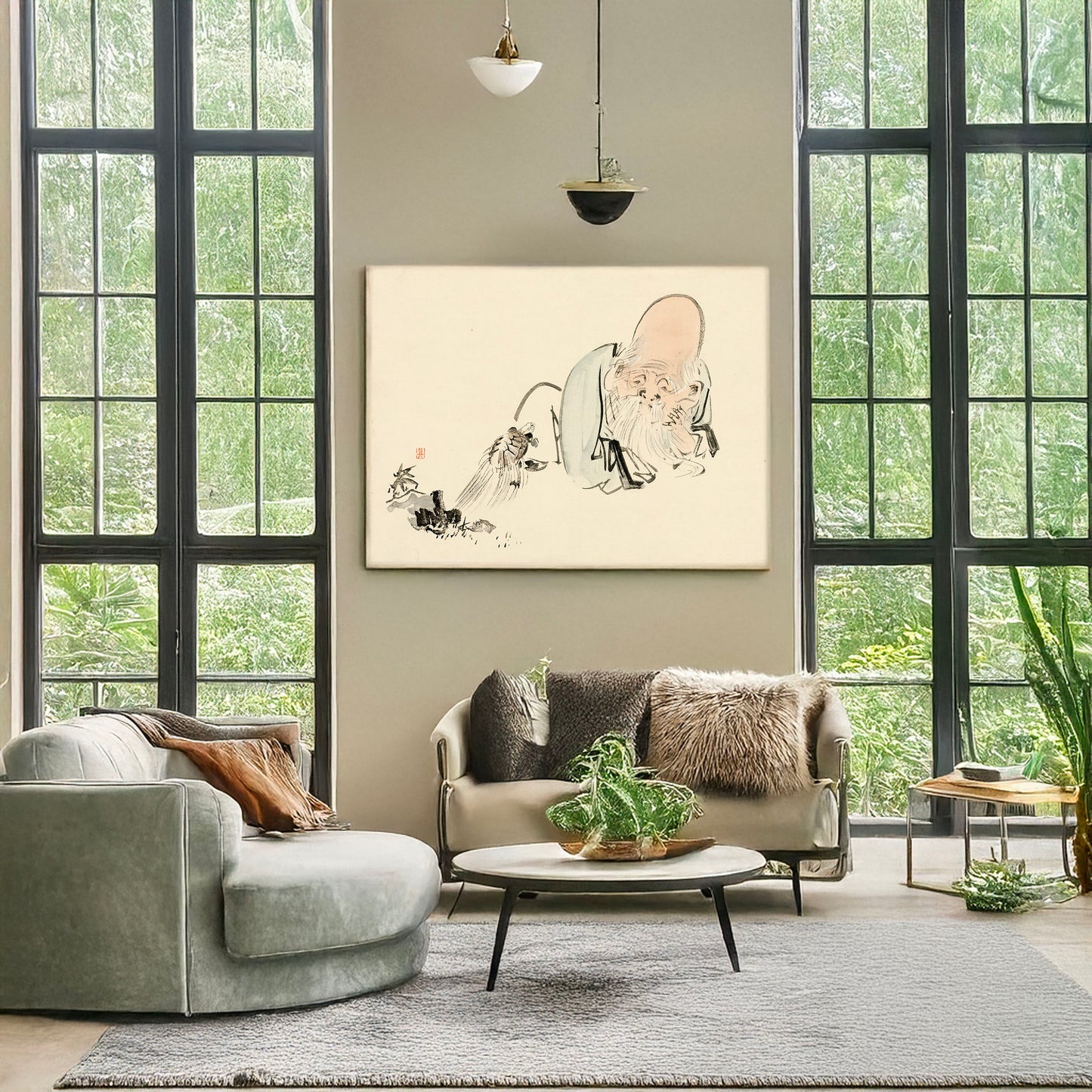 A picture of Fukurokuju, a mockup of the print leaning against a wall