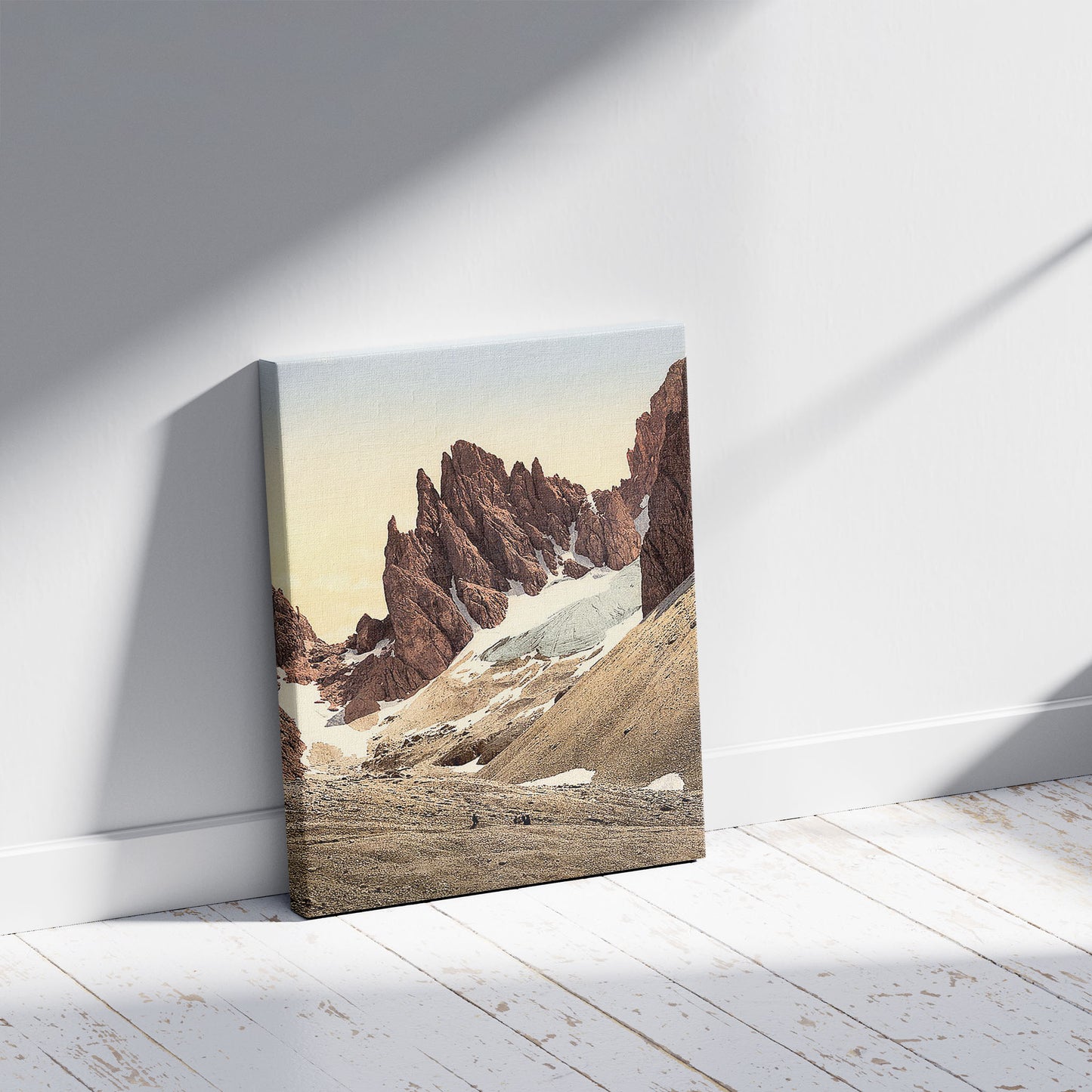 A picture of Funffingerspitze, from the north, Tyrol, Austro-Hungary, a mockup of the print leaning against a wall