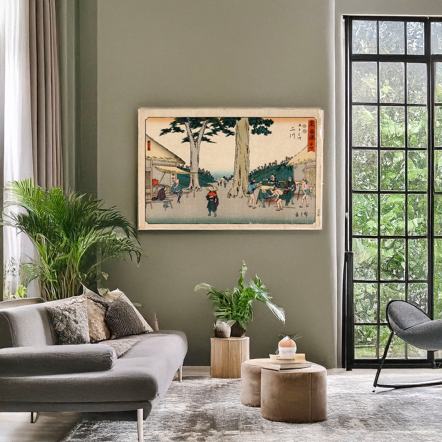 A picture of Futagawa, a mockup of the print leaning against a wall