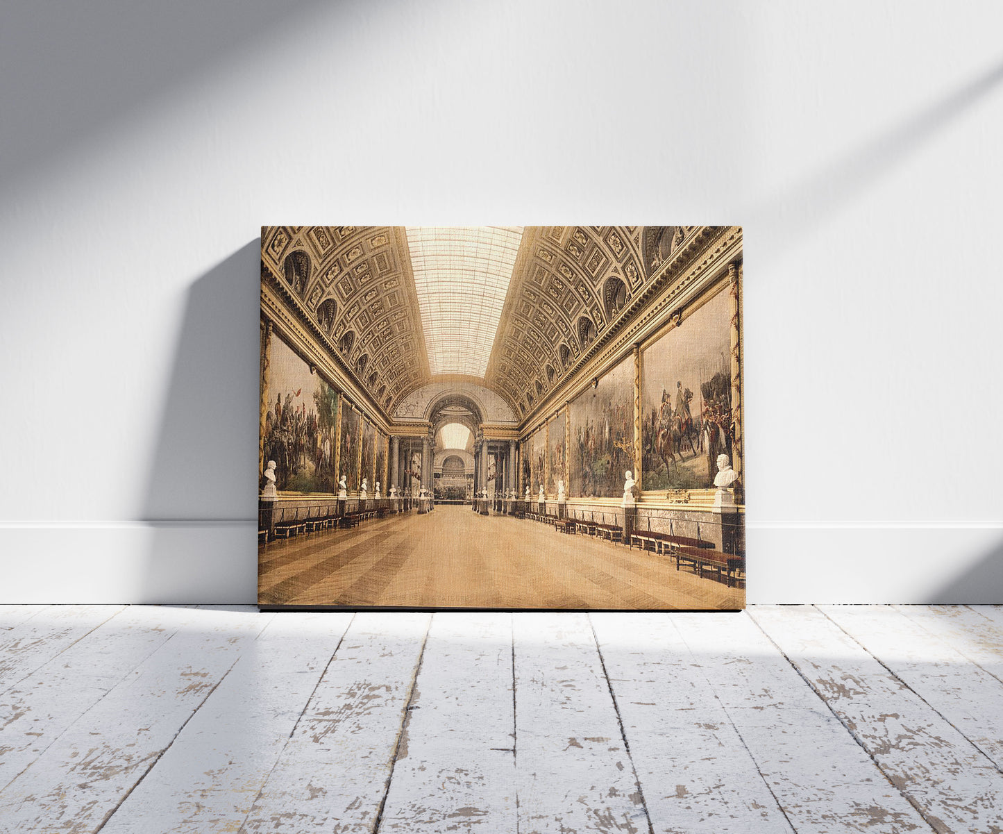 A picture of Gallery of Battles, Versailles, France, a mockup of the print leaning against a wall