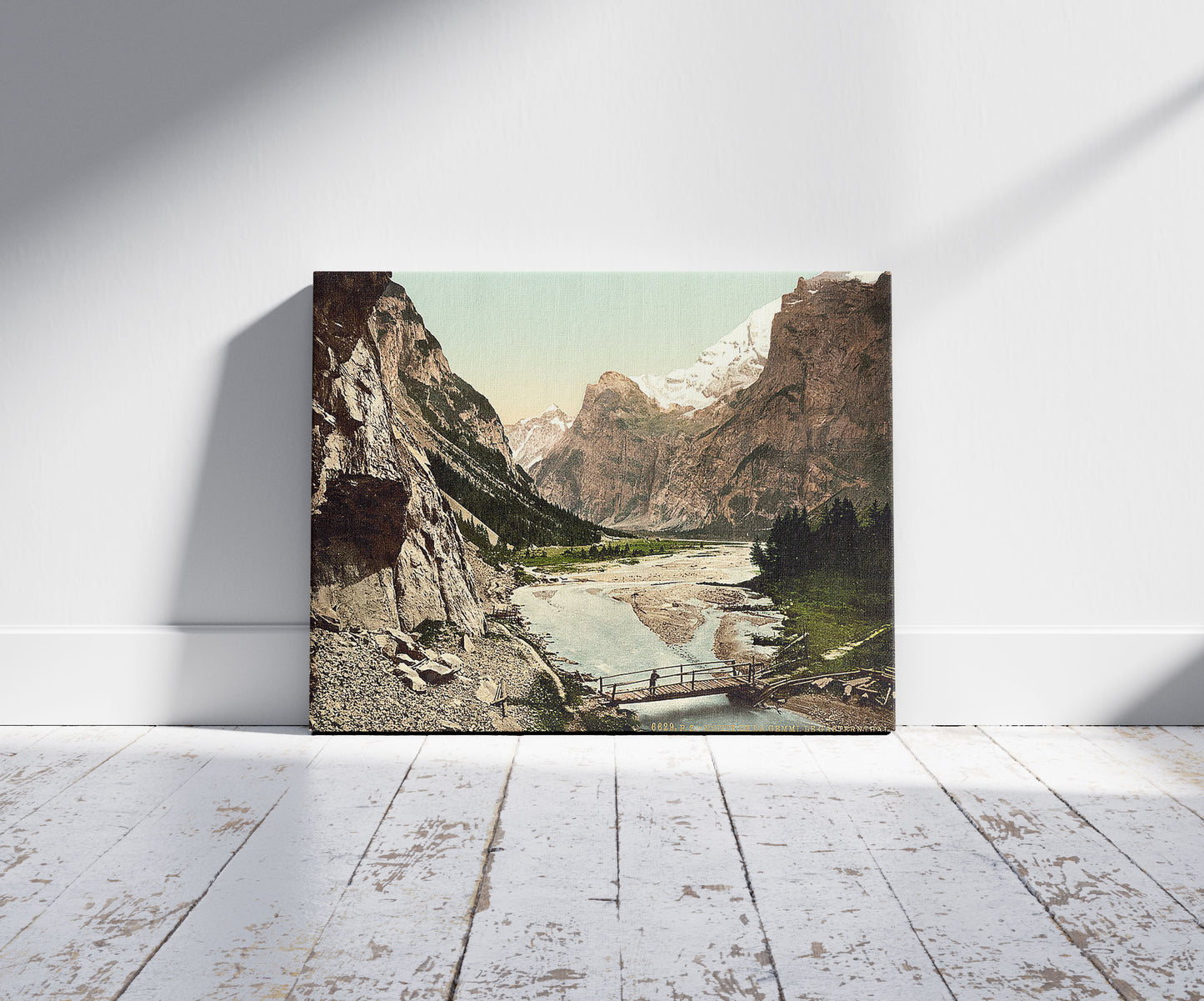 A picture of Gemmi, Gasthernthal, Bernese Oberland, Switzerland, a mockup of the print leaning against a wall