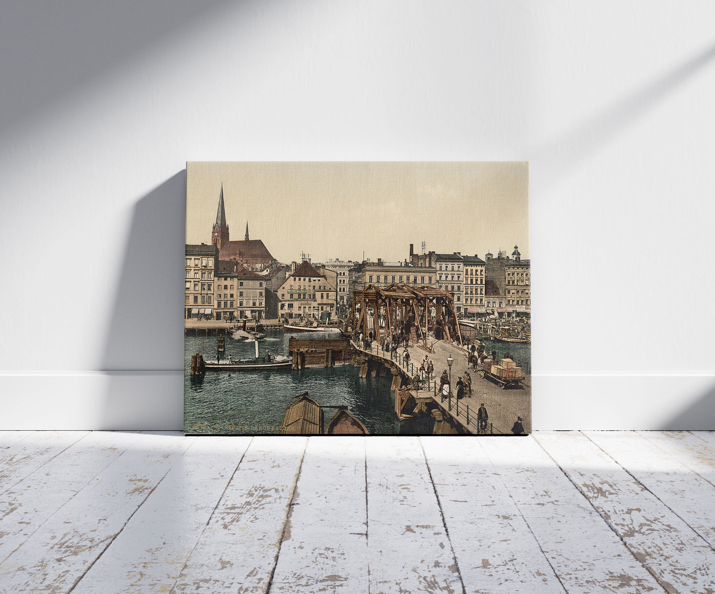 A picture of General view and Great Bridge, Stettin, Germany, a mockup of the print leaning against a wall