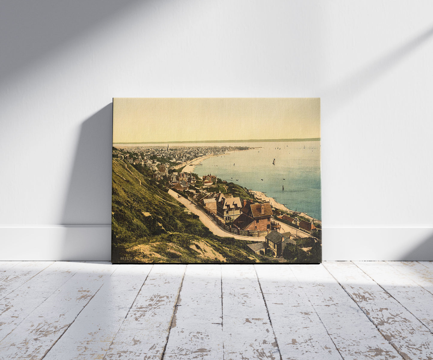 A picture of General view and mouth of the Seine, Havre, France, a mockup of the print leaning against a wall