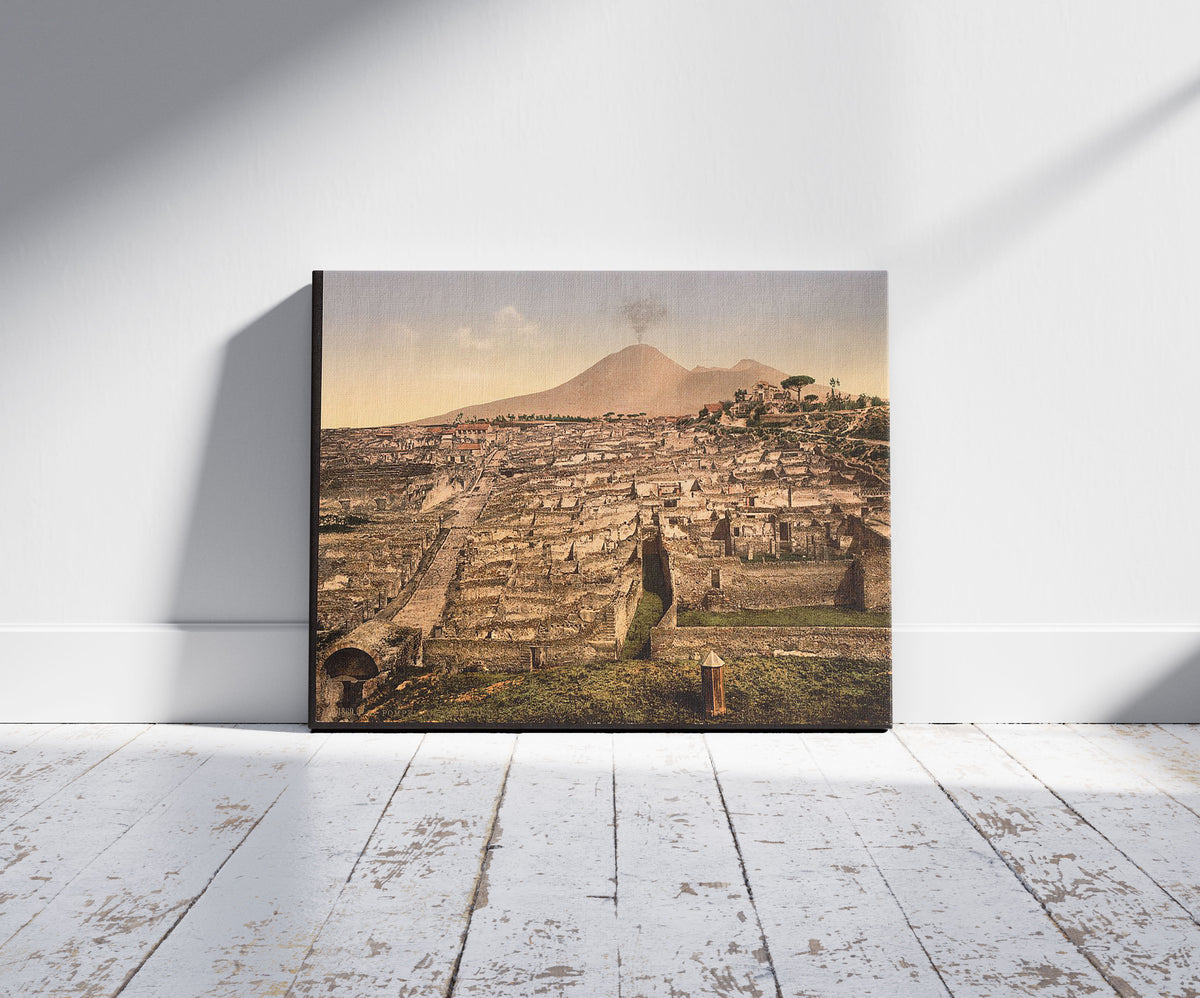 A picture of General view and Vesuvius, Pompeii, Italy, a mockup of the print leaning against a wall