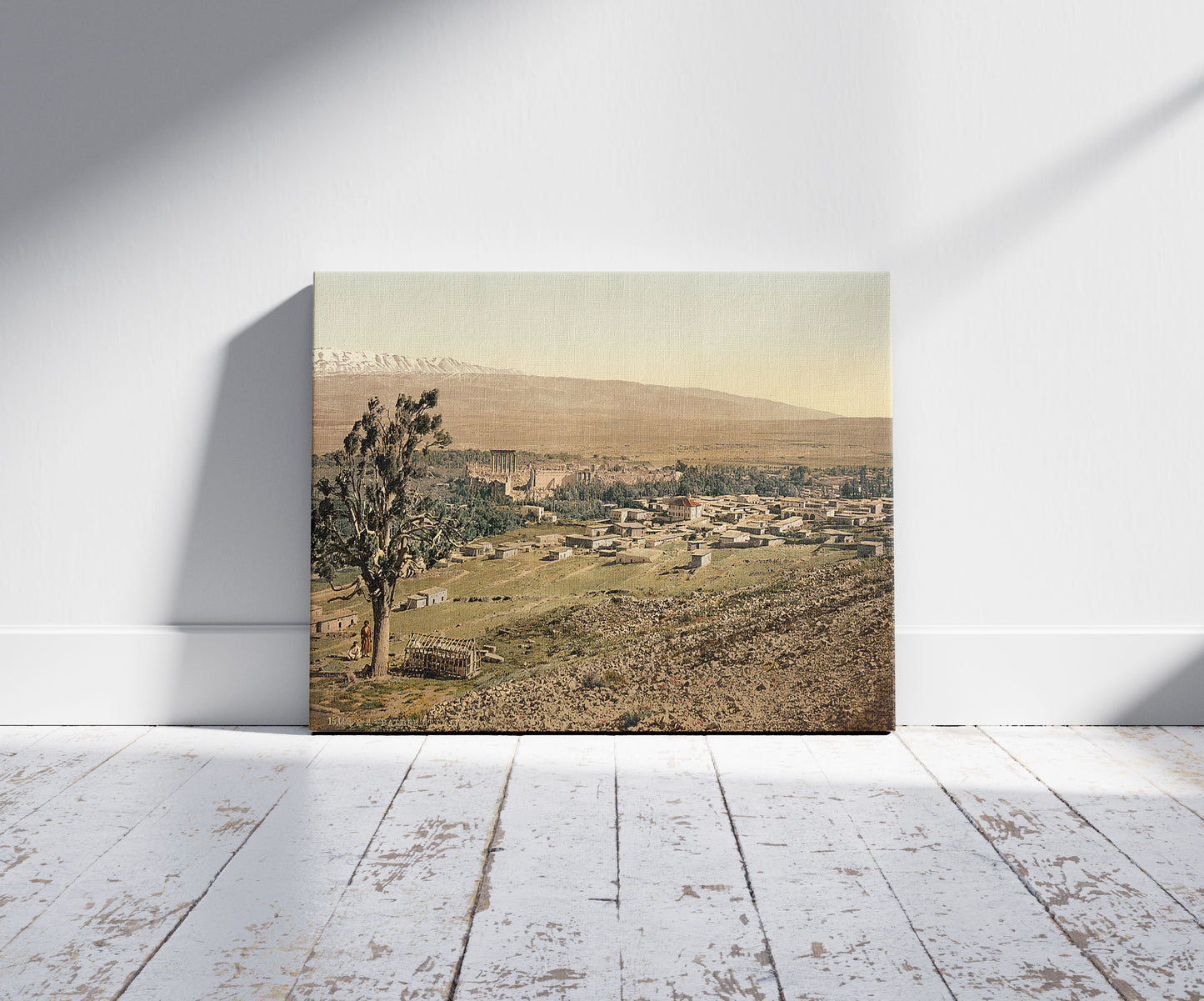A picture of General view, Baalbek, Holy Land, (i.e.,Baʻlabakk, Lebanon), a mockup of the print leaning against a wall