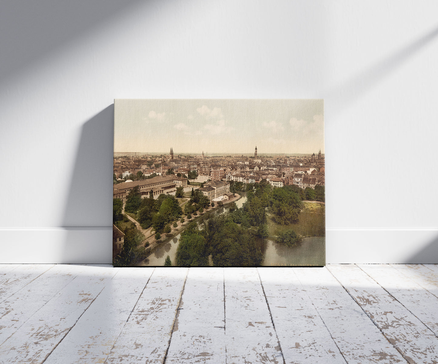 A picture of General view, Brunswick (i.e., Braunschweig), Germany, a mockup of the print leaning against a wall
