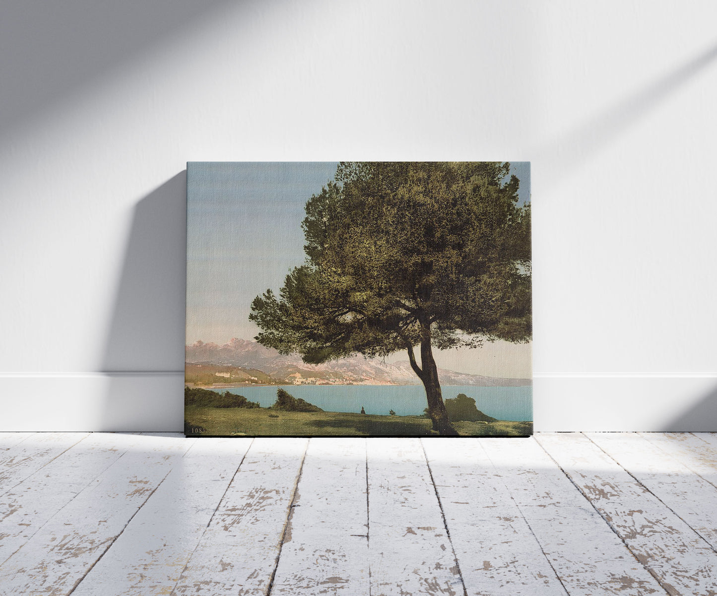 A picture of General view, Cap Martin, Mentone, Riviera, a mockup of the print leaning against a wall