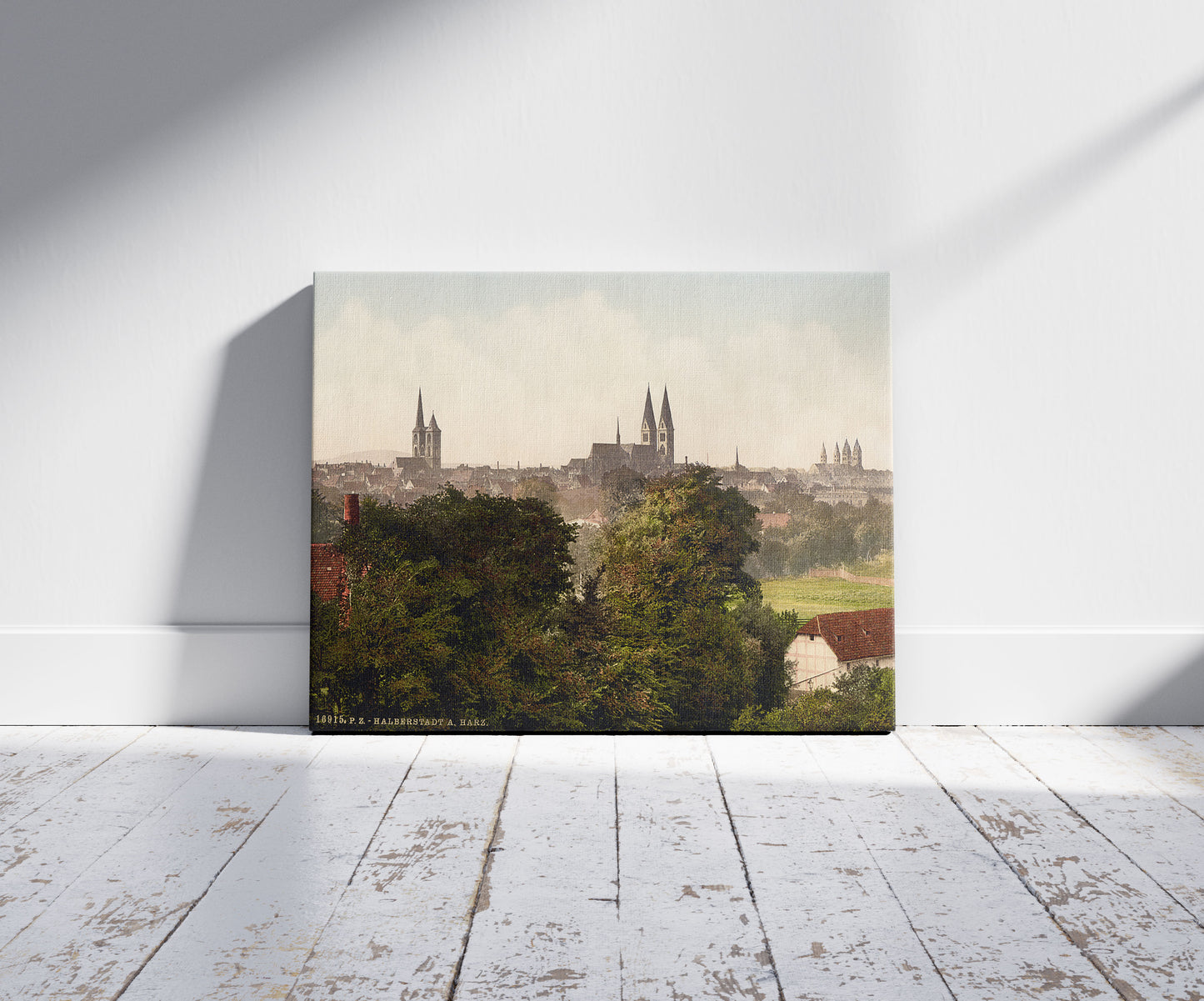 A picture of General view, Halberstadt, Hartz, Germany, a mockup of the print leaning against a wall