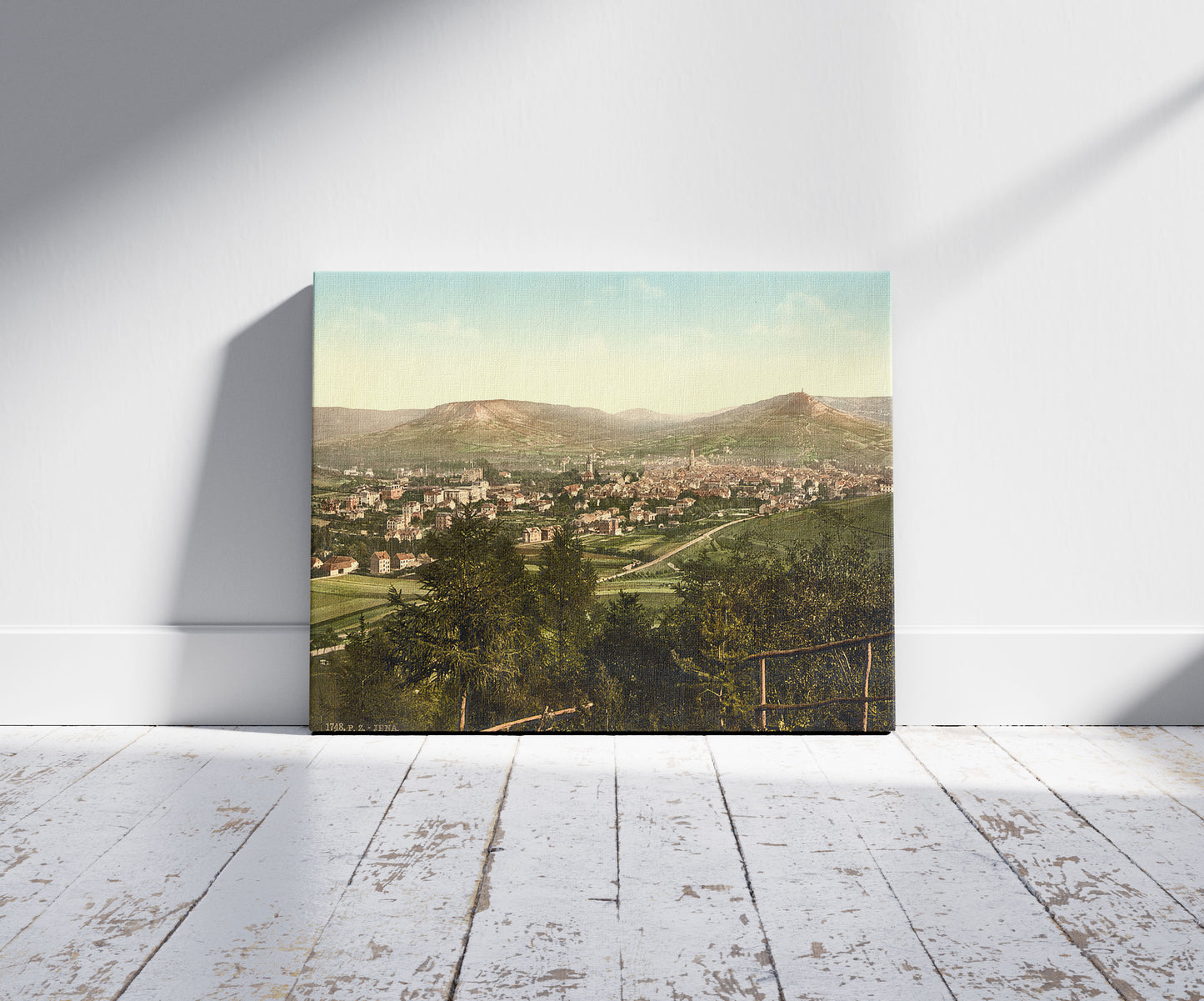 A picture of General view, Jena, Thuringia, Germany, a mockup of the print leaning against a wall