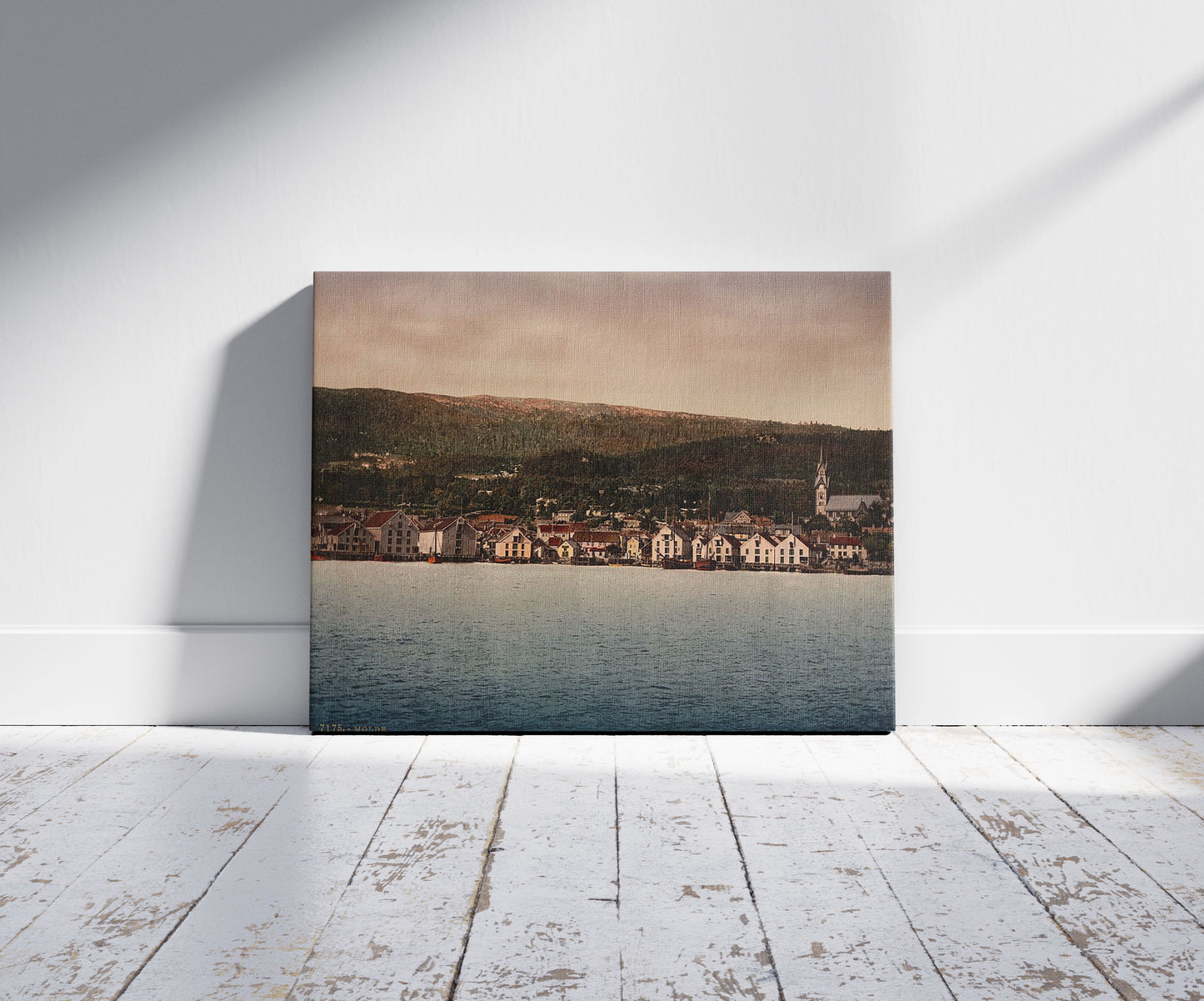 A picture of General view, Molde, Norway, a mockup of the print leaning against a wall