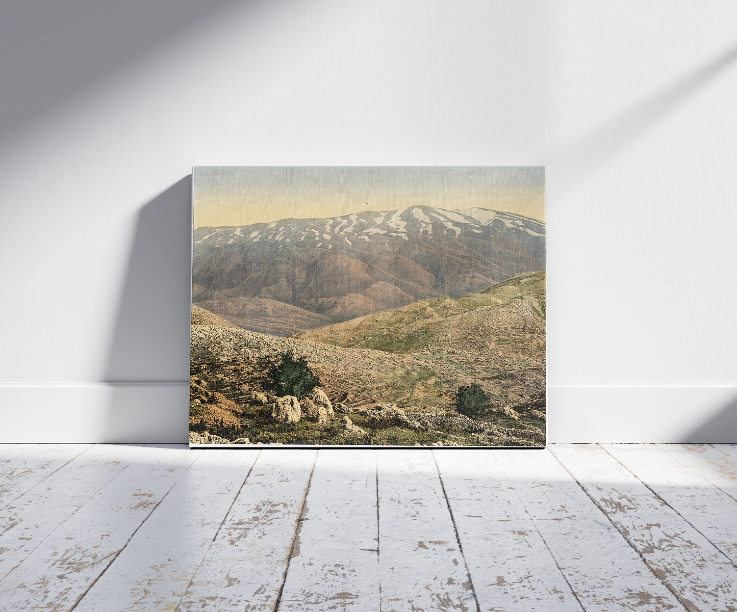 A picture of General view, Mount Hermon, Holy Land (i.e., Lebanon and Syria), a mockup of the print leaning against a wall
