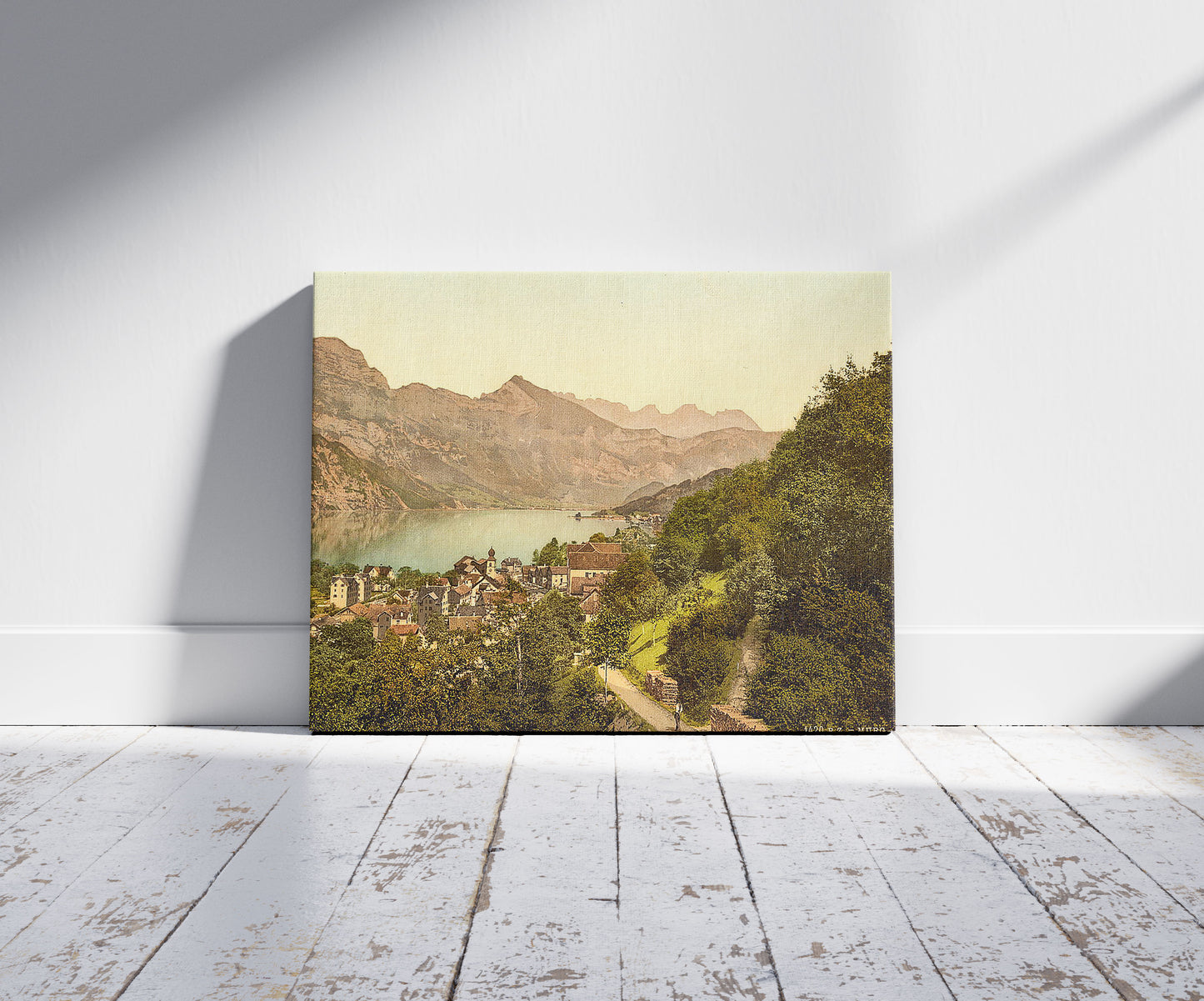 A picture of General view, Murg, Switzerland, a mockup of the print leaning against a wall