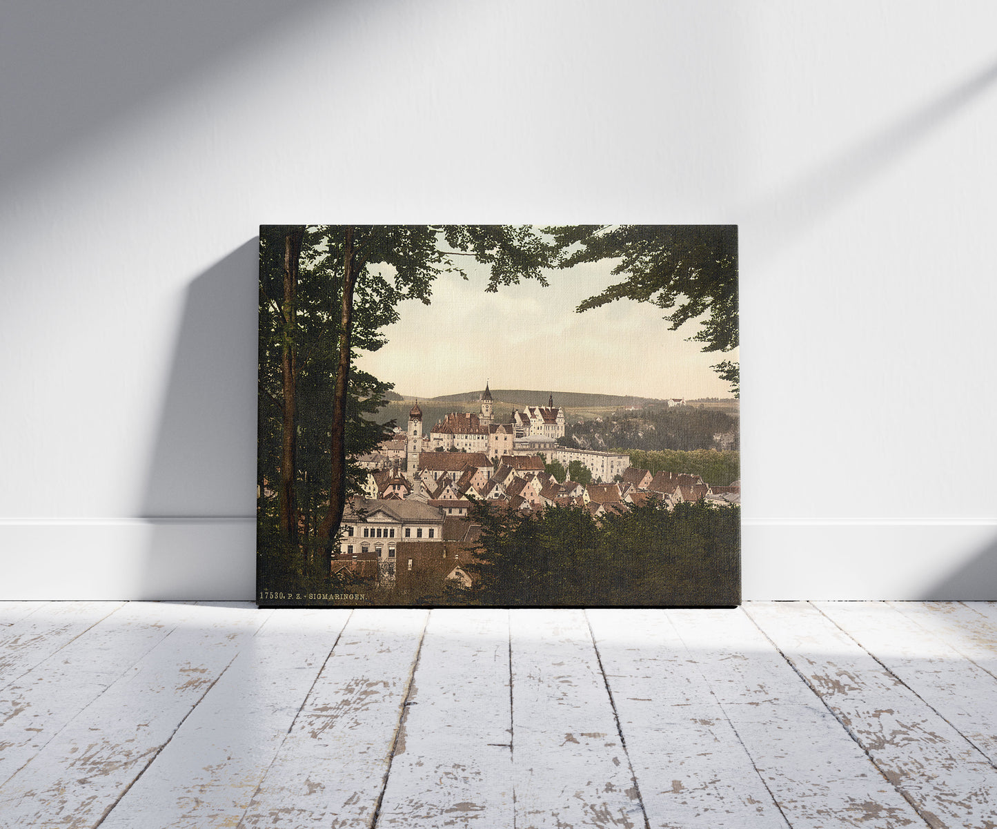 A picture of General view, Sigmarungen (i.e. Sigmaringen), Hohenzollern, Germany, a mockup of the print leaning against a wall