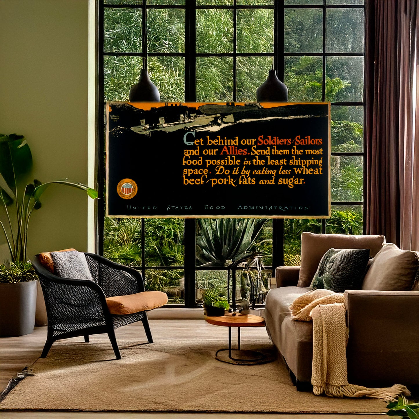 A picture of Get behind our soldiers, sailors, and our allies Send them the most food possible in the least shipping space--Do it by eating less wheat, beef, pork, fats, and sugar /, a mockup of the print leaning against a wall