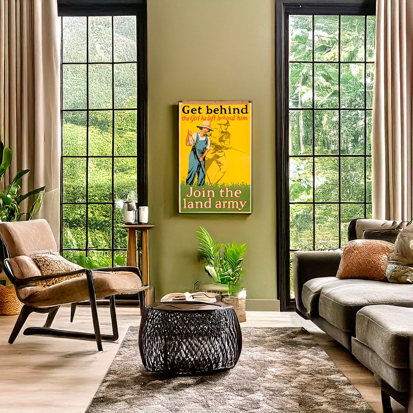 A picture of Get behind the girl he left behind him Join the land army /, a mockup of the print leaning against a wall